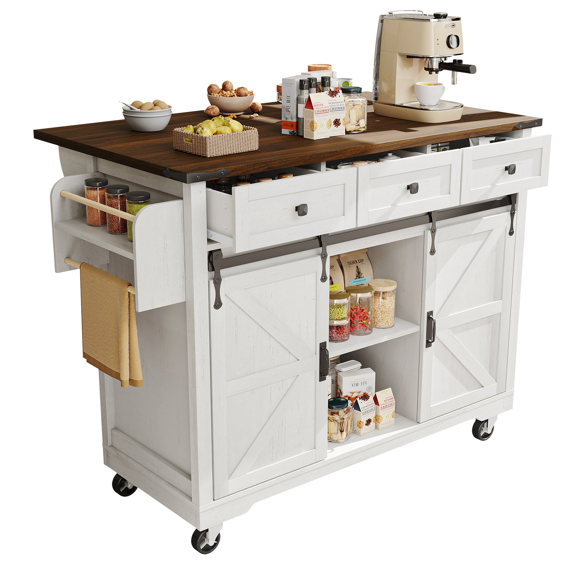 Kitchen Island Mobile Extendable Worktop 2 Sliding Doors 3 Drawers - Wood Grain