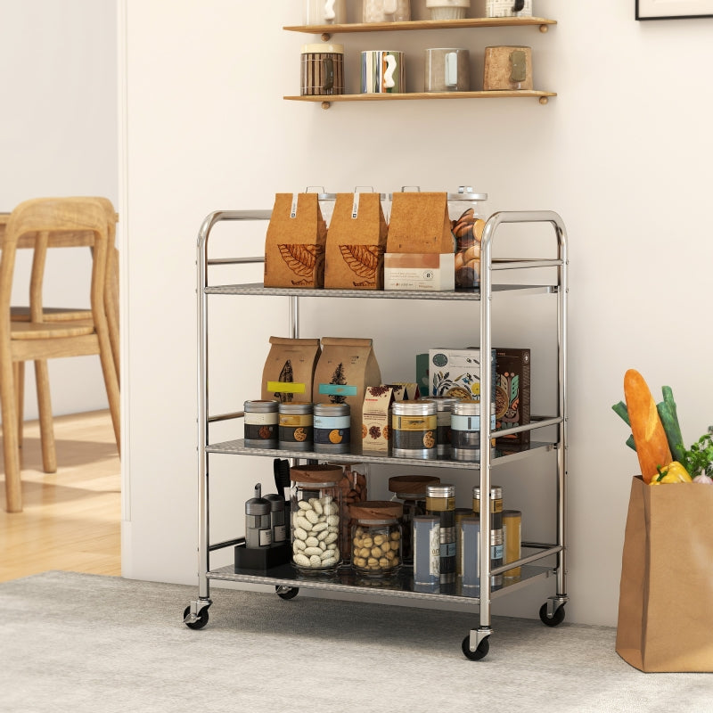 Kitchen Storage Trolley 3 Tier Adjustable Shelf Stainless Steel - Silver