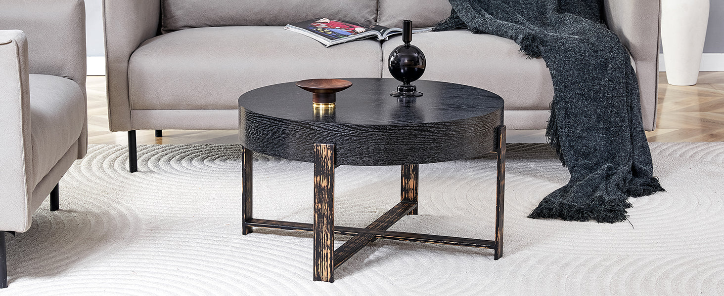 Side Table, Round Ø 68 cm, Metal Cross-legged, Black