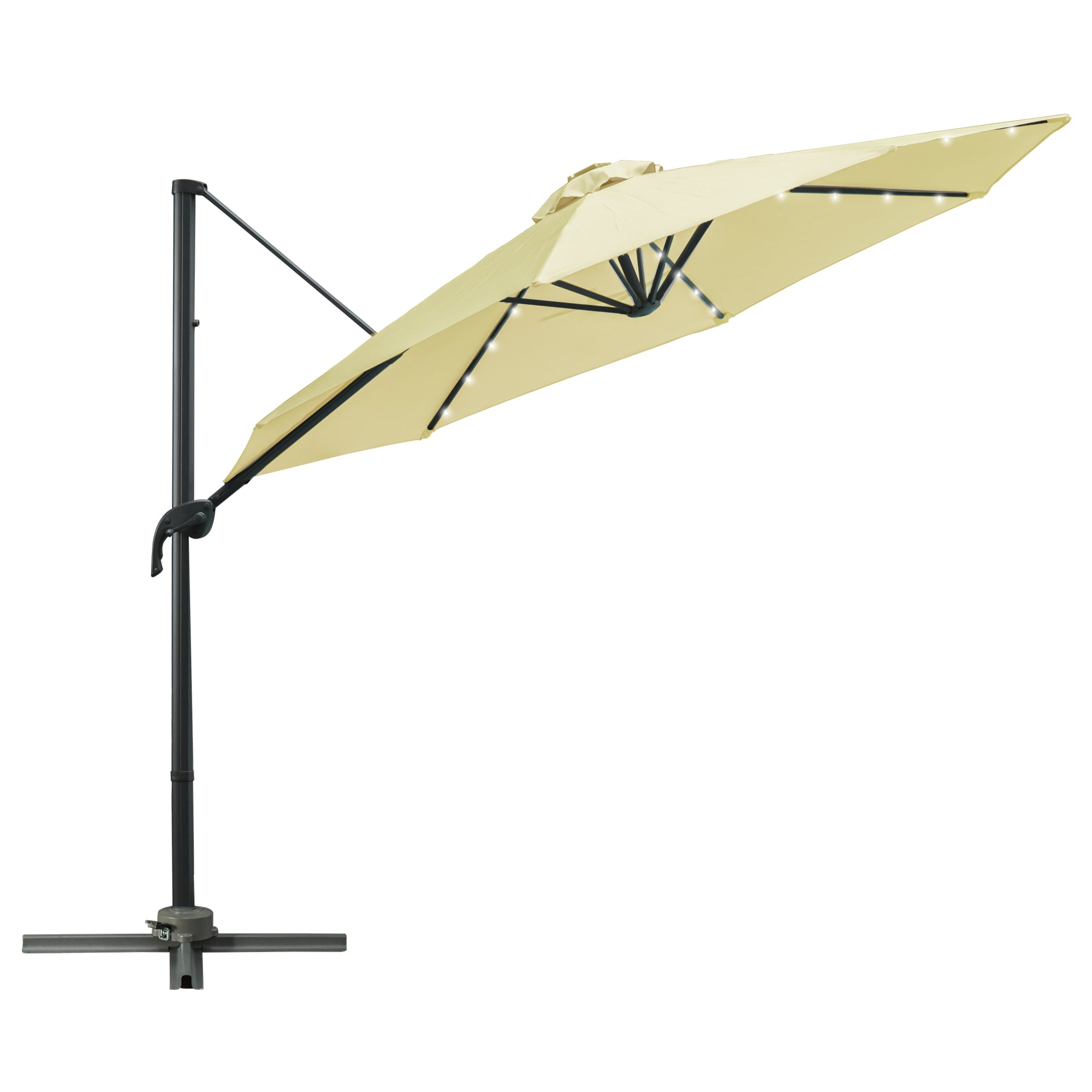3m LED Cantilever Parasol Sun Umbrella with Base and Solar Lights, Beige