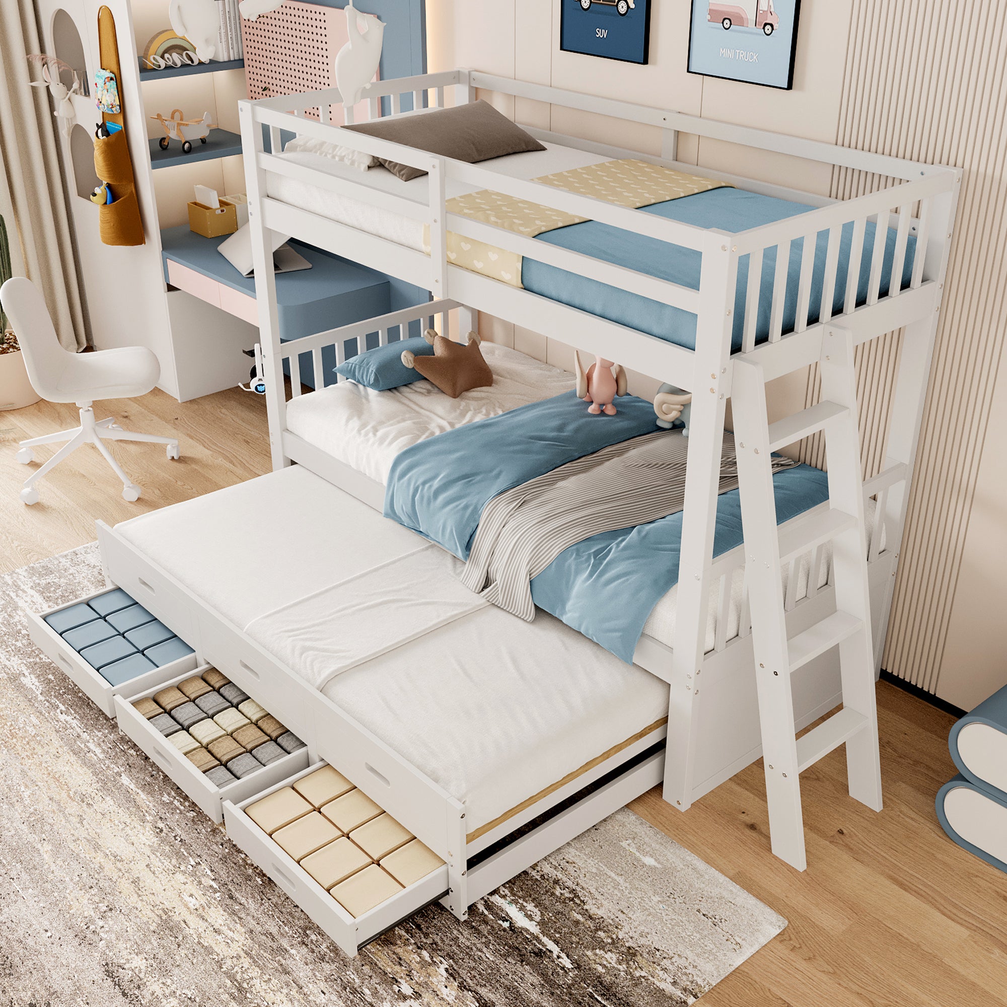 Bunk Bed 90x200cm House Bed Pull-out Bed 3 Drawers - White