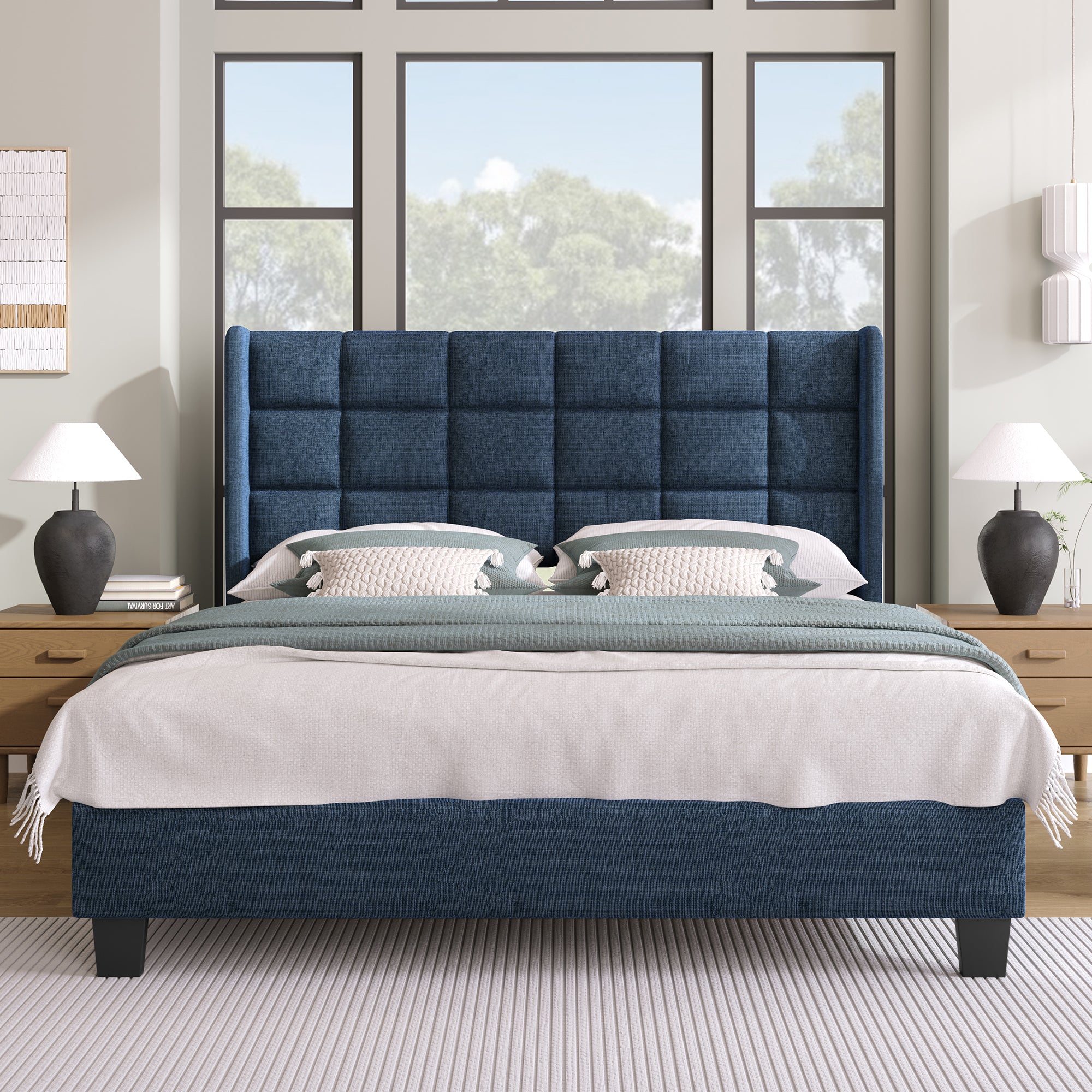 Upholstered Bed, Double with Slatted Frame, 140x200cm, Blue Linen
