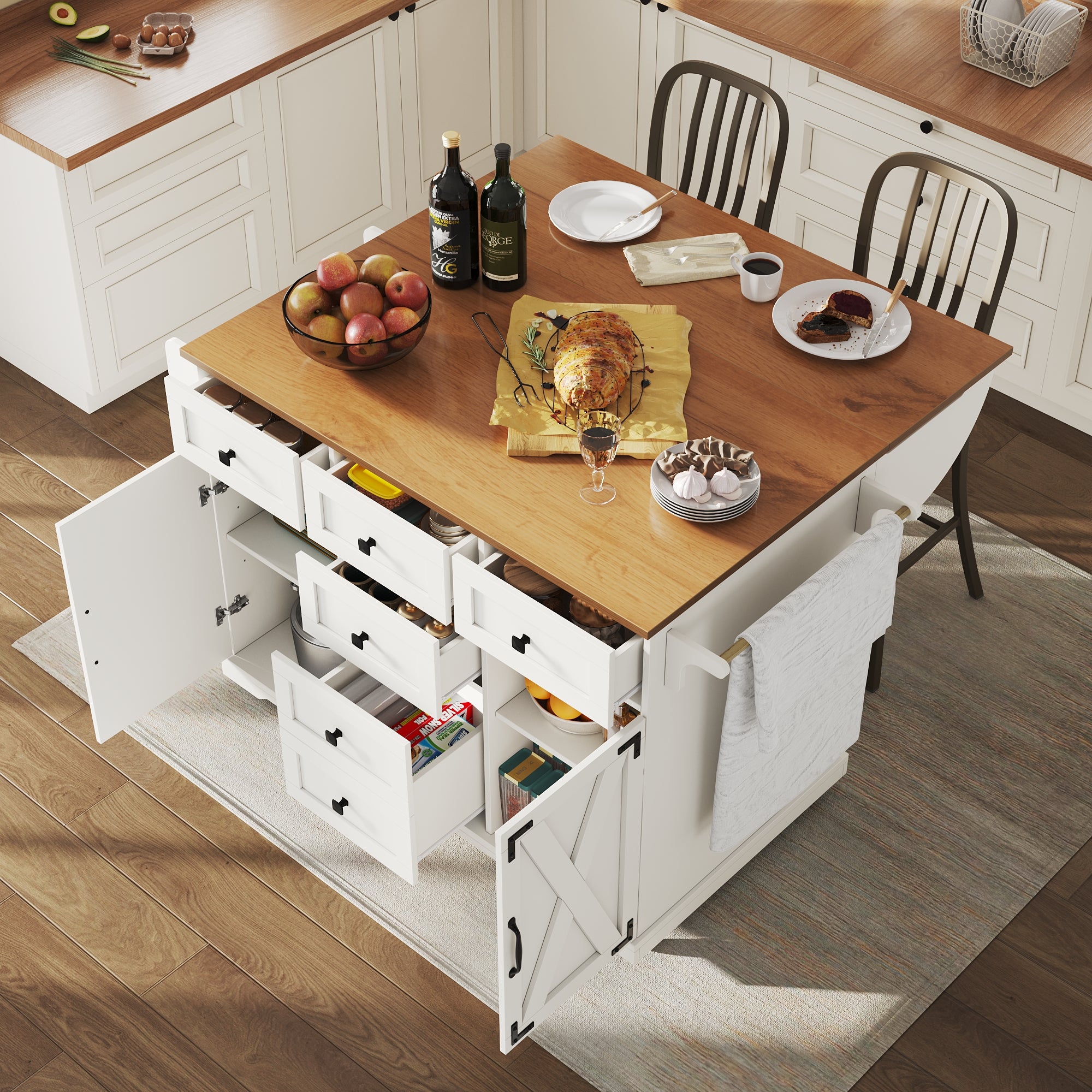 Kitchen Island Serving Trolley - Storage Wood Grain - White