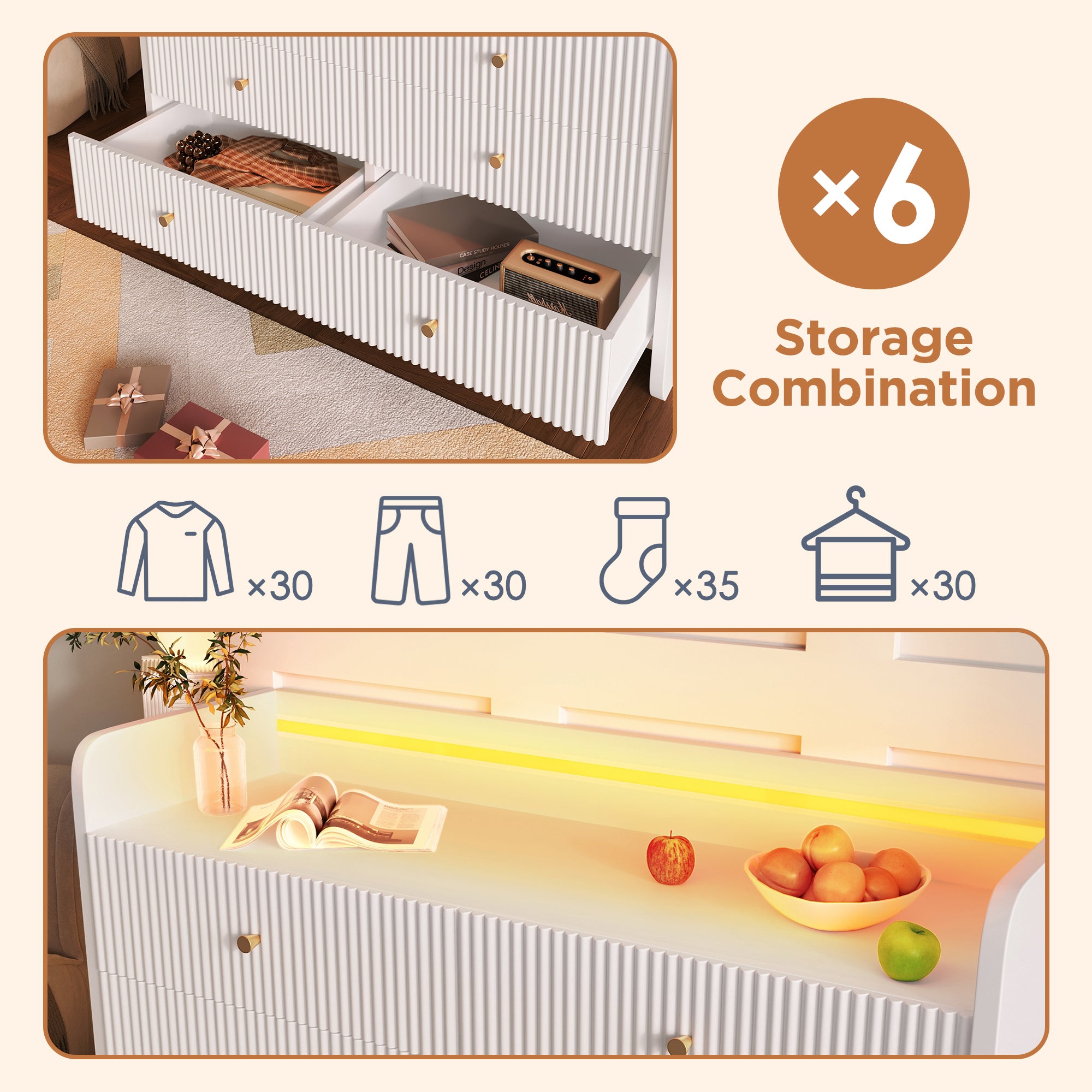 Fluted 6-Drawer Sideboard with RGB LED Lighting & Shelves, White