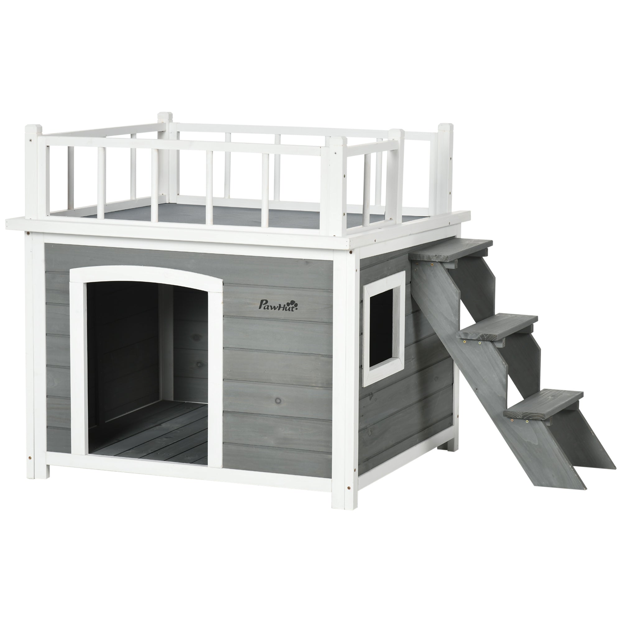 Dog House with Balcony, Stairs, Raised Window, Fir Wood