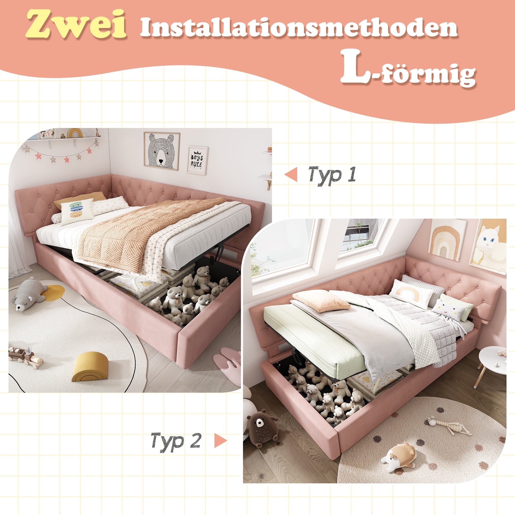 Upholstered Bed Day Bed 90x200cm Sofa Bed with Hydraulic Storage Space, Velvet, Pink