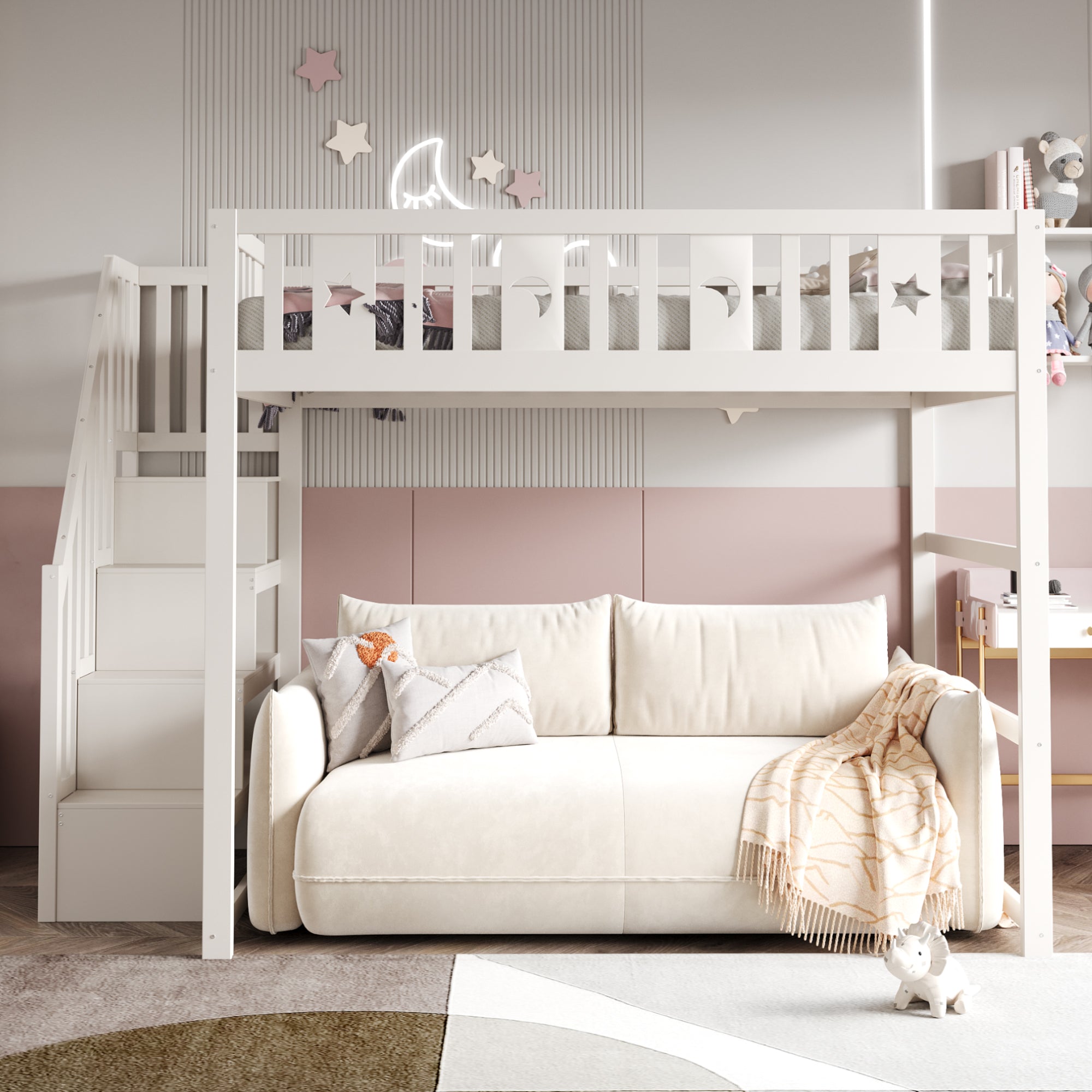 Children's Bunk Bed with Stairs, Safety Railing & Star/Moon Decor, Solid Wood White