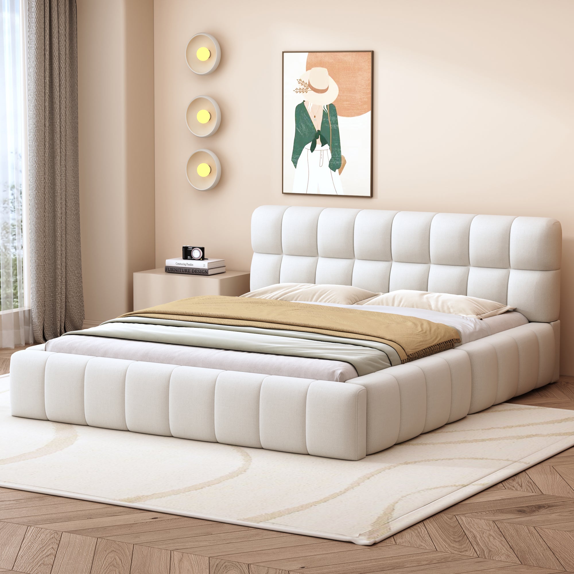 Upholstered Bed, 140x200cm Double with Soft Backrest, Linen Beige