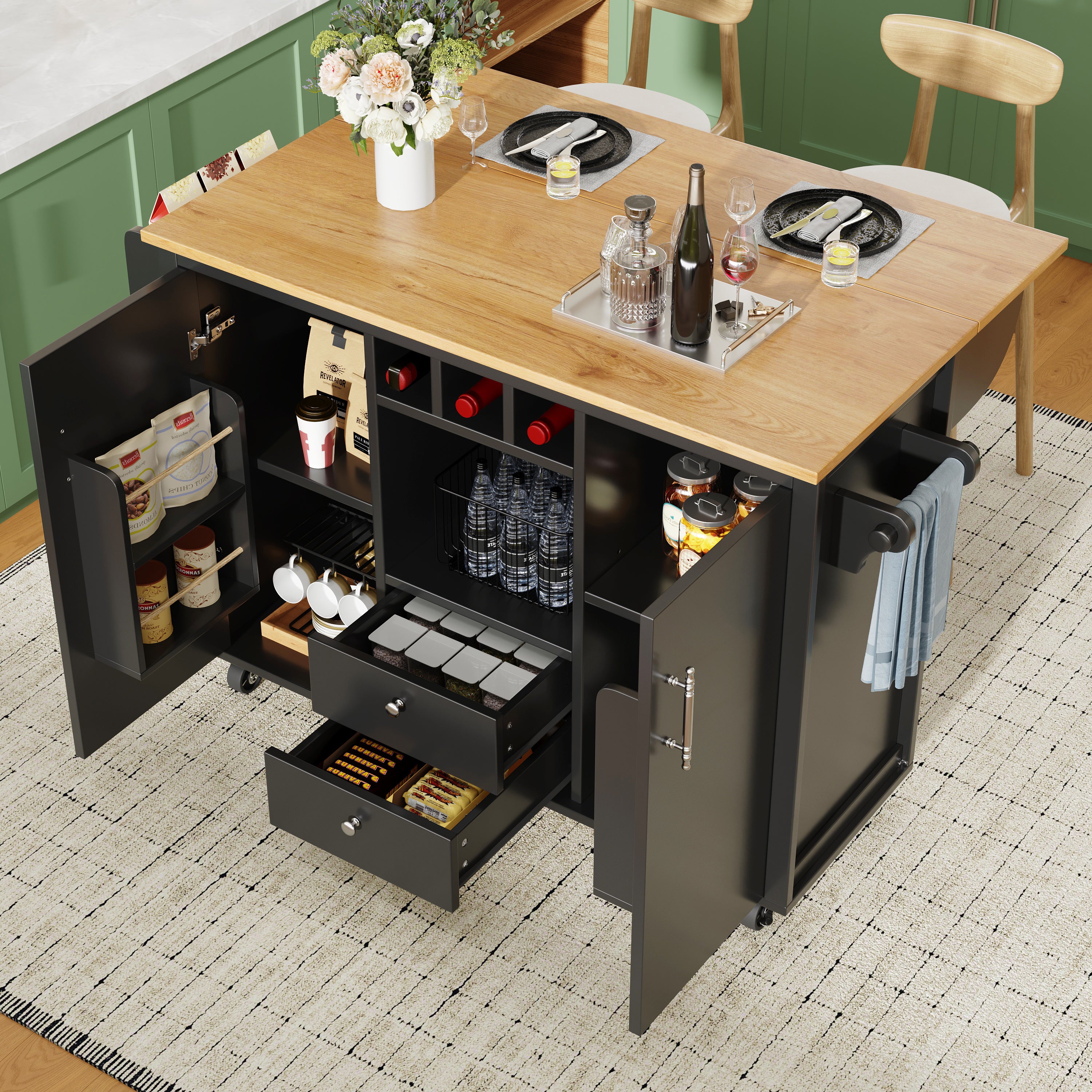 Kitchen Island Trolley 120cm Folding Worktop Wine Rack Adjustable Shelves - White/Black