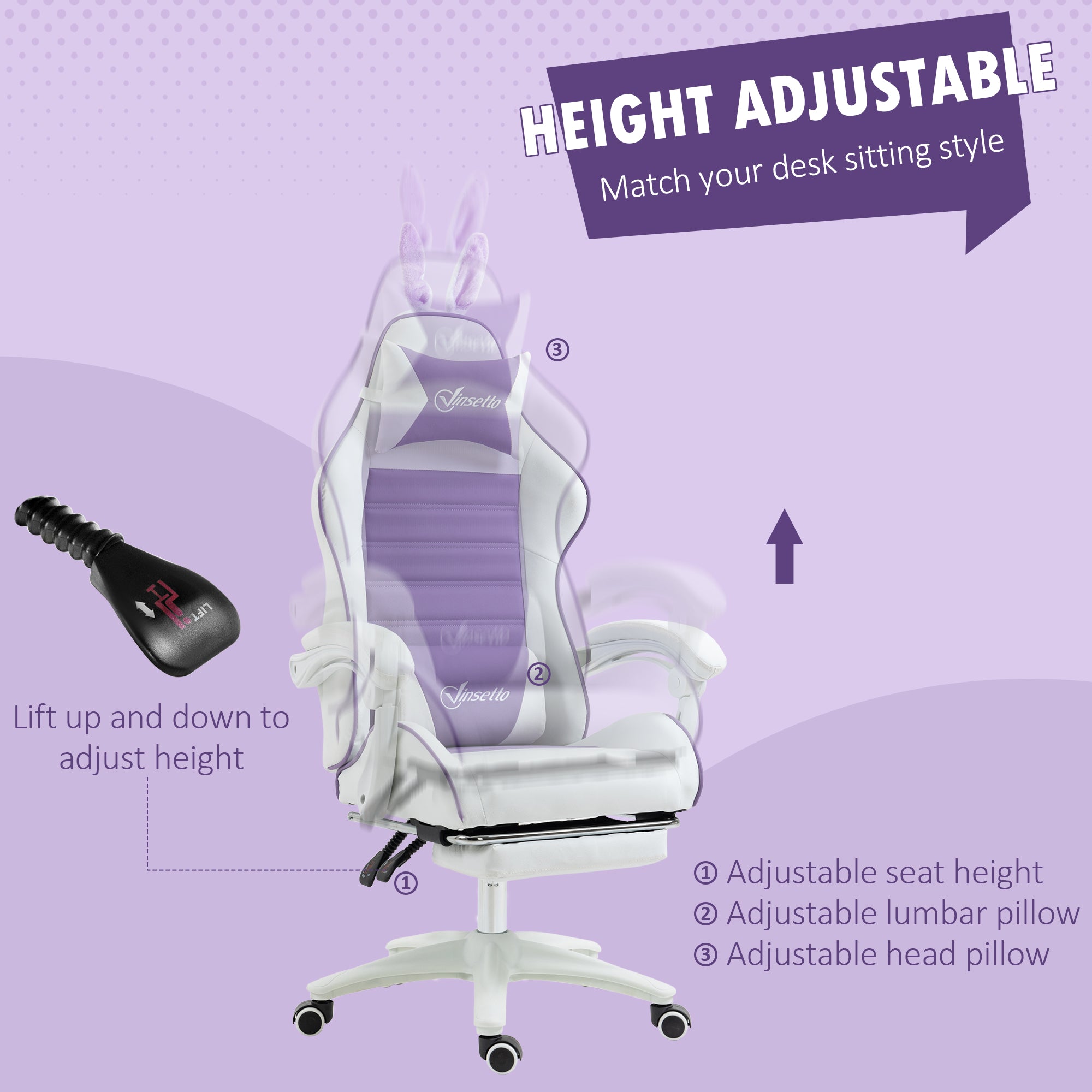 Racing Gaming Chair, Reclining with Removable Rabbit Ears, Footrest, and Headrest, PU Leather, Purple