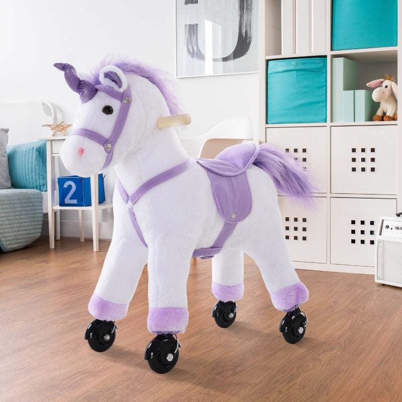Riding horse on wheels, toy horse with neighing plush, purple