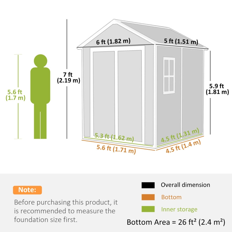 6 x 5ft Garden Shed with Floor, Window, Lockable Doors, Plastic Resin, Dark Grey
