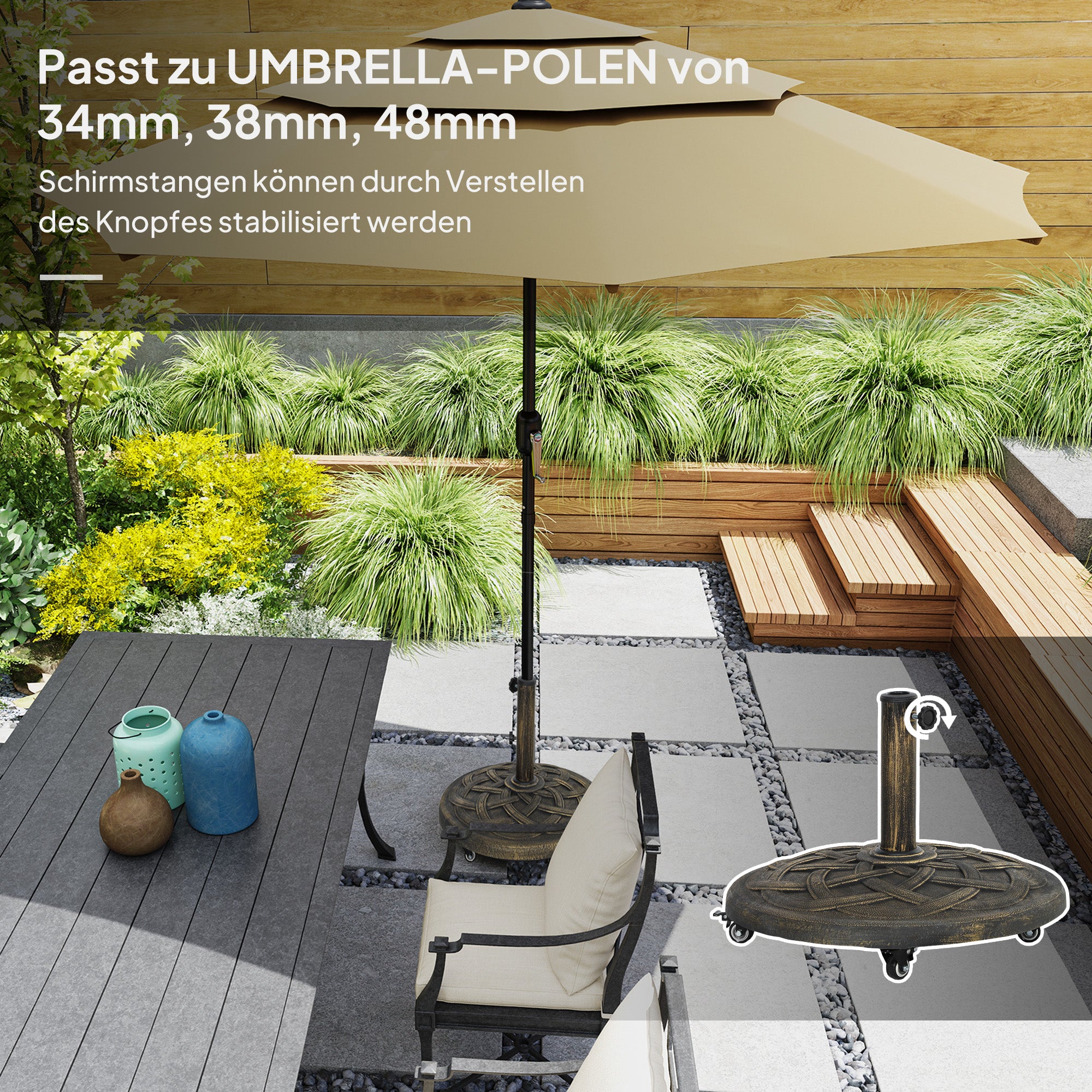 Parasol Base with Wheels, Round Holder for 34/38/48mm Poles, Concrete Bronze