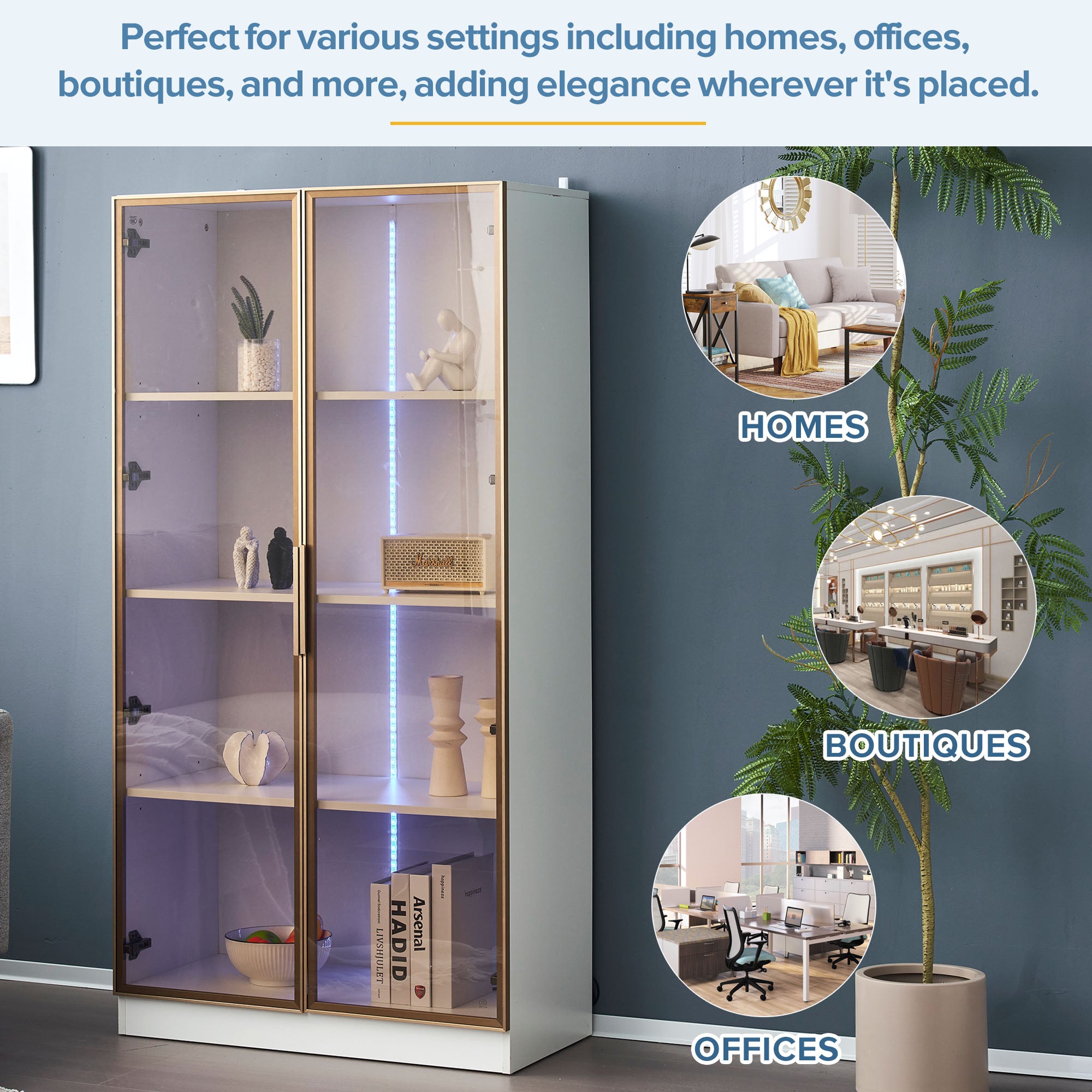 Glass Display Cabinet, Set of 2 with LED Lighting & Movable Shelves, White