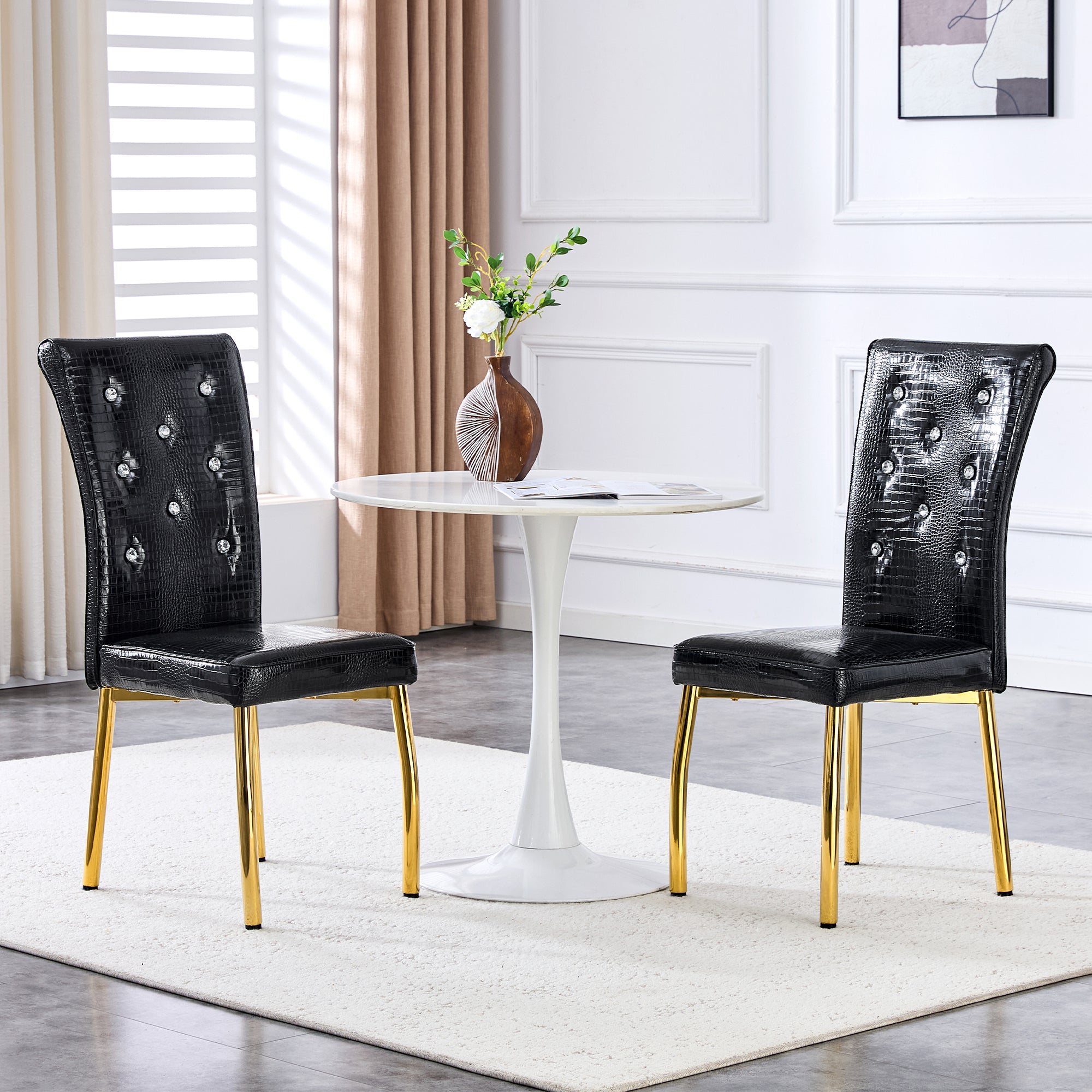 Dining Chairs, Set of 2 Retro Alligator-Skin Upholstered with Crystal Buckle Design, Gold-Plated Metal Legs, Faux Leather