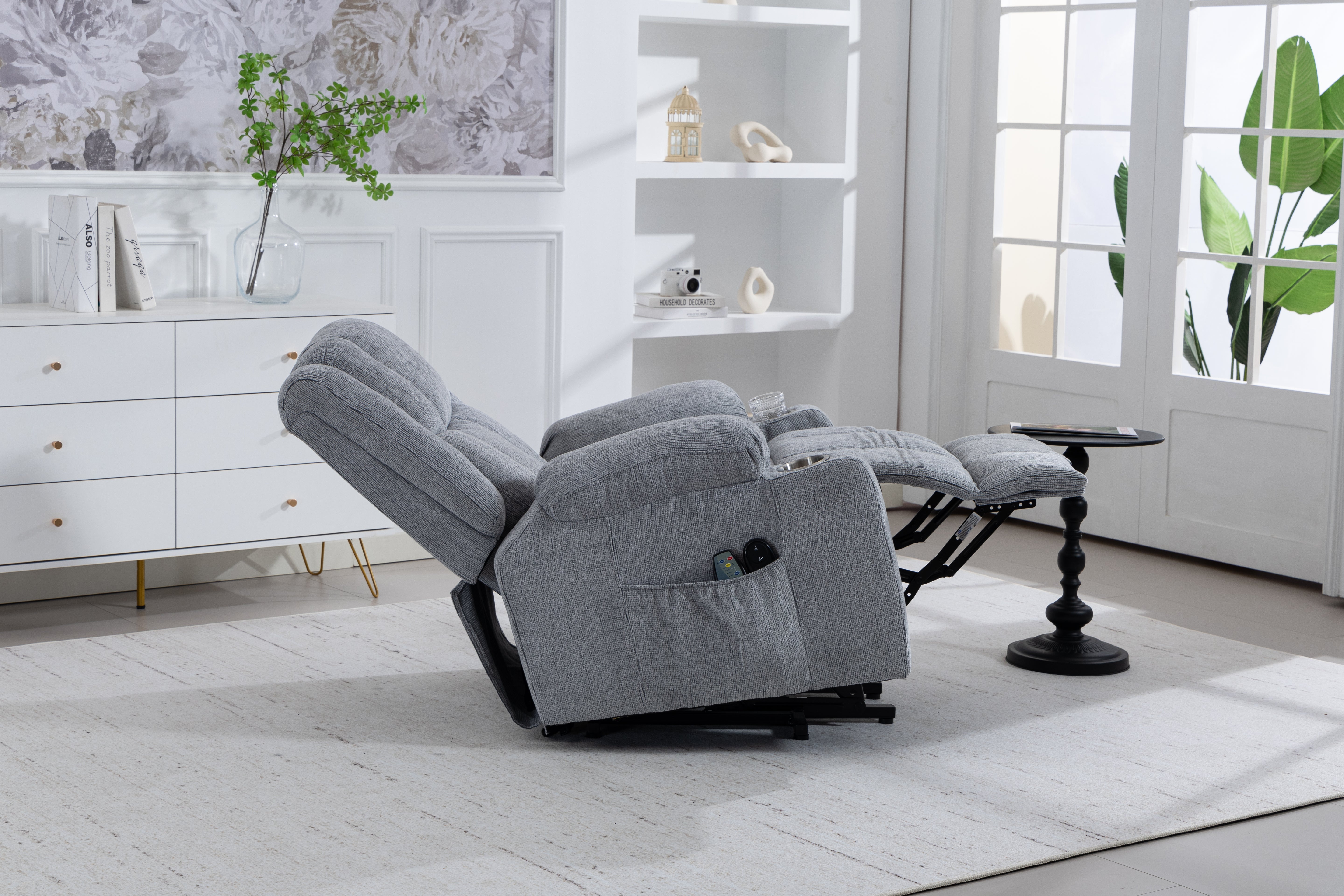 Electric Lift Recliner, Standing Aid, Massage Heat Function, Footrest Cup Holder Light Grey