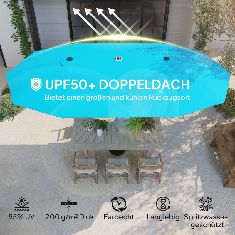 Double Parasol, Solar LED Lights, UV 50+, Aluminium, Blue