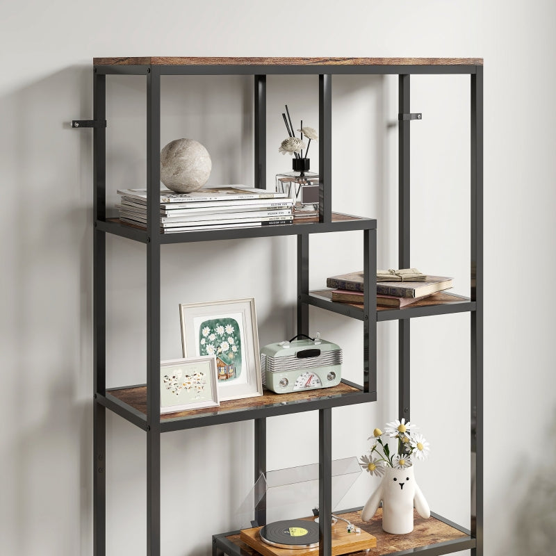 Seven-Tier Geometric Bookcase Asymmetrical Storage Metal Frame, Brown/Black Engineered Wood