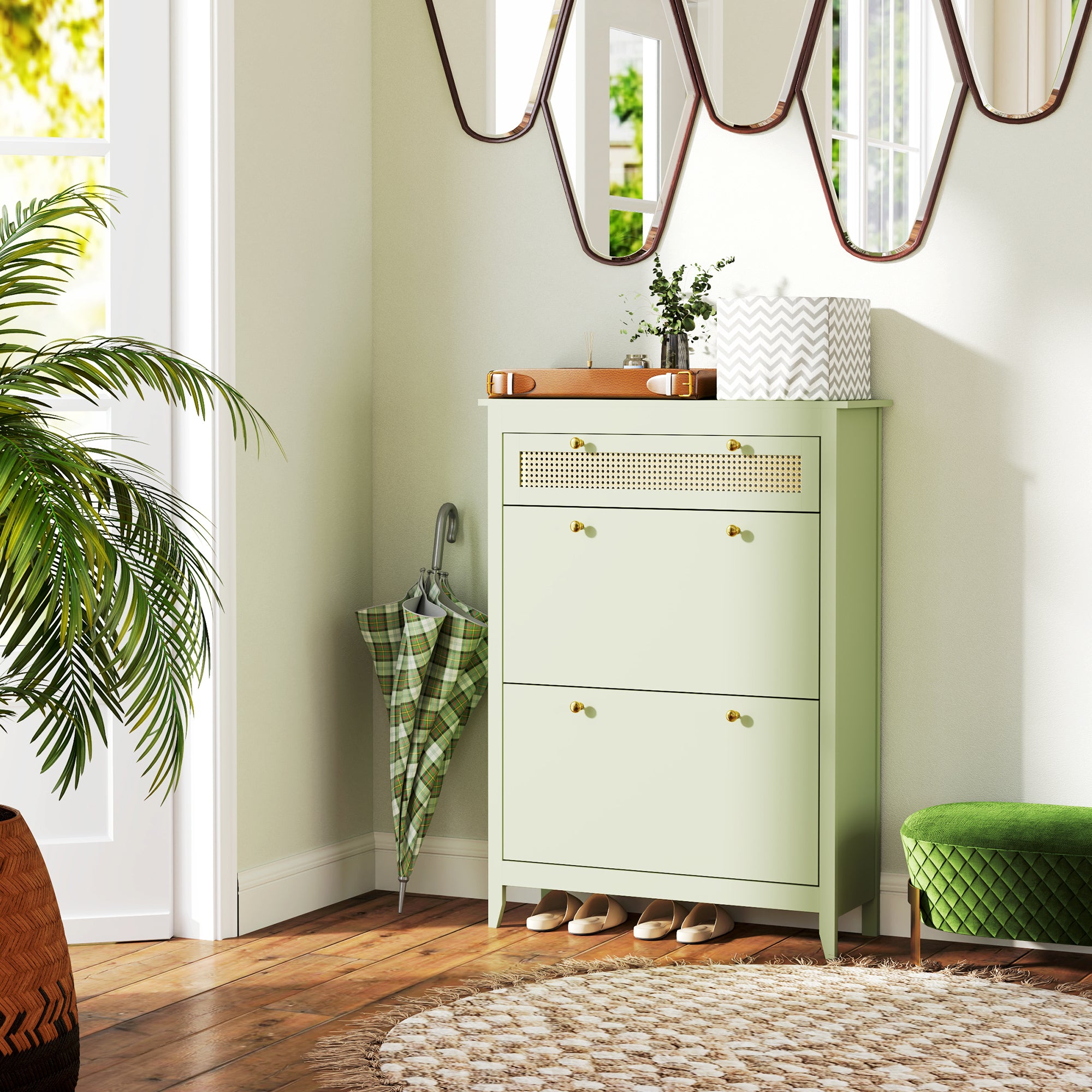 Shoe Cabinet with 2 Doors, Drawer, 12 Pairs, Green