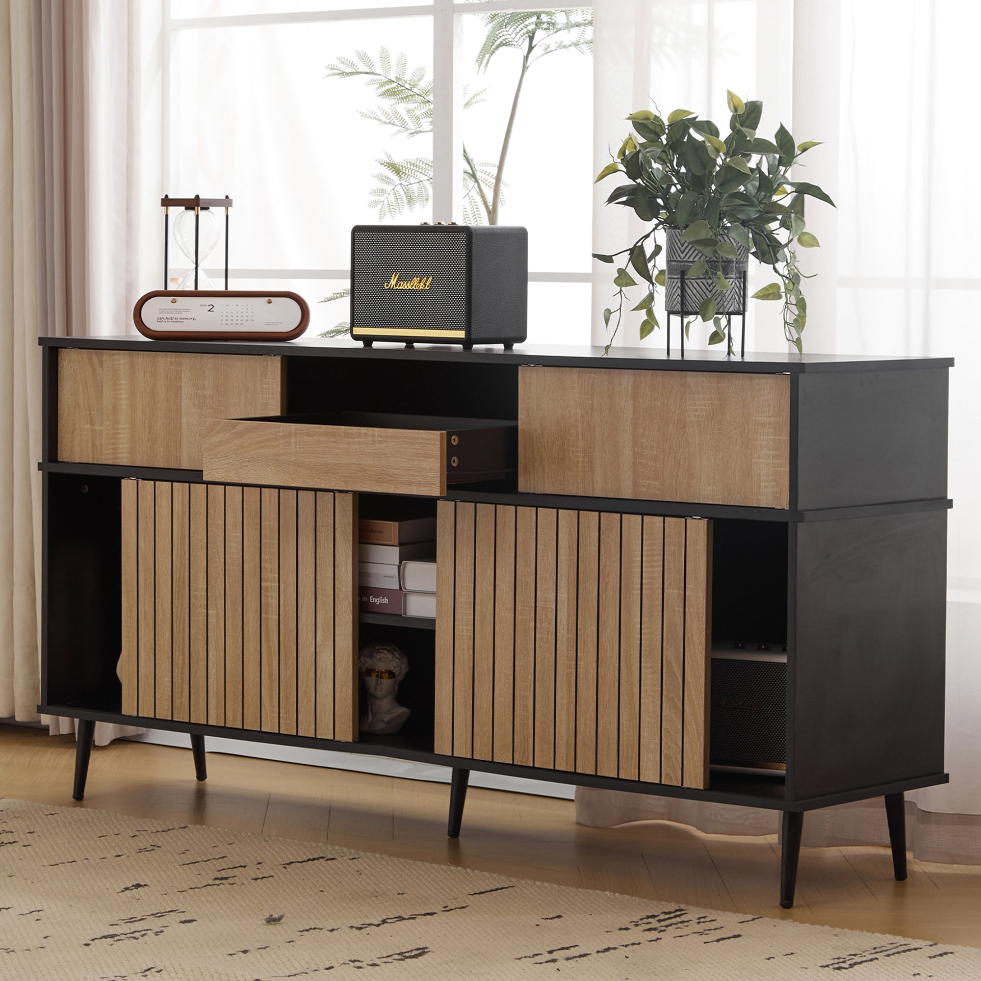 Chest of drawers with 4 sliding doors and 1 drawer, oak and black, 160W x 40D x 80H