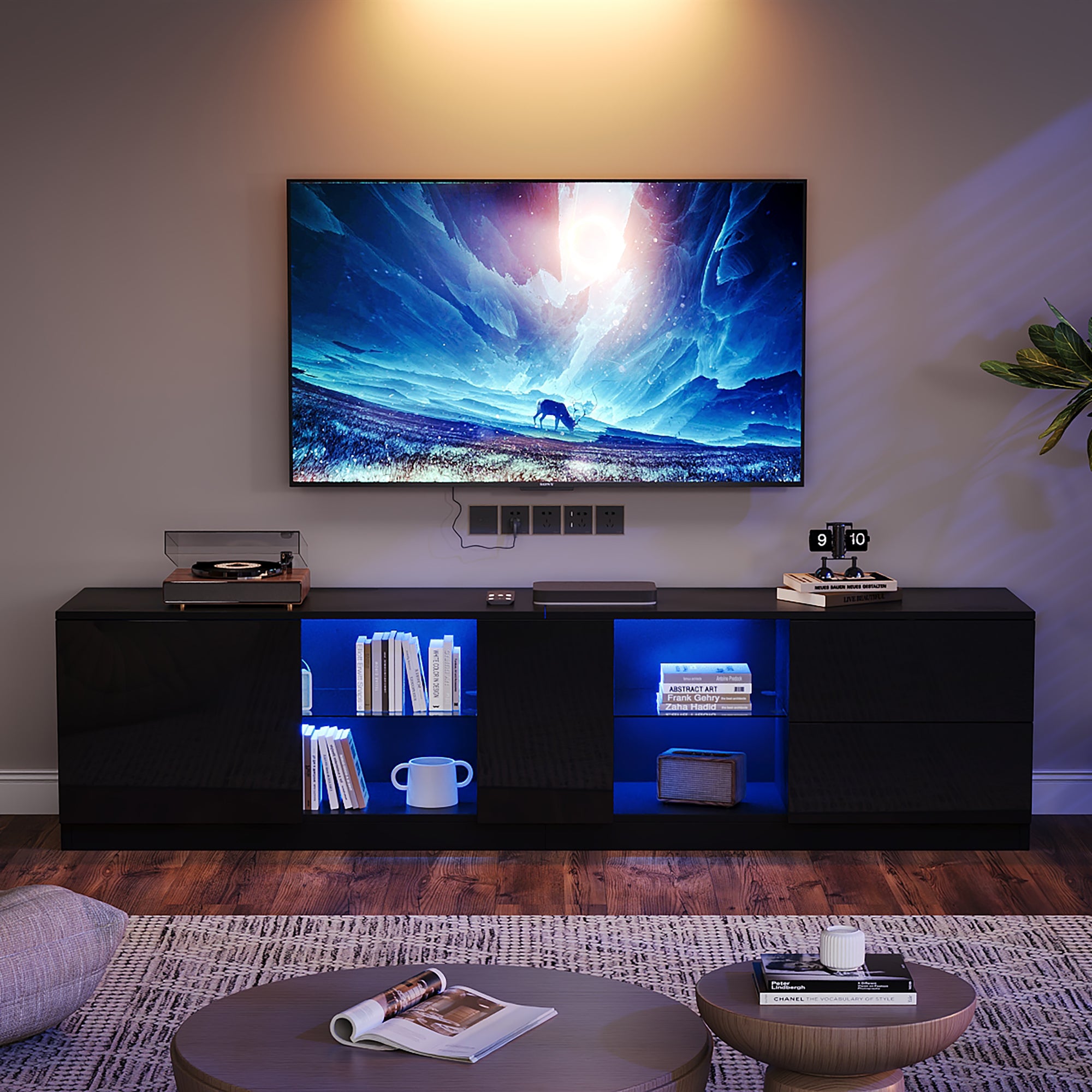 TV Stand, 160x40x52cm LED Lighting for 65" TVs, High-Gloss Black