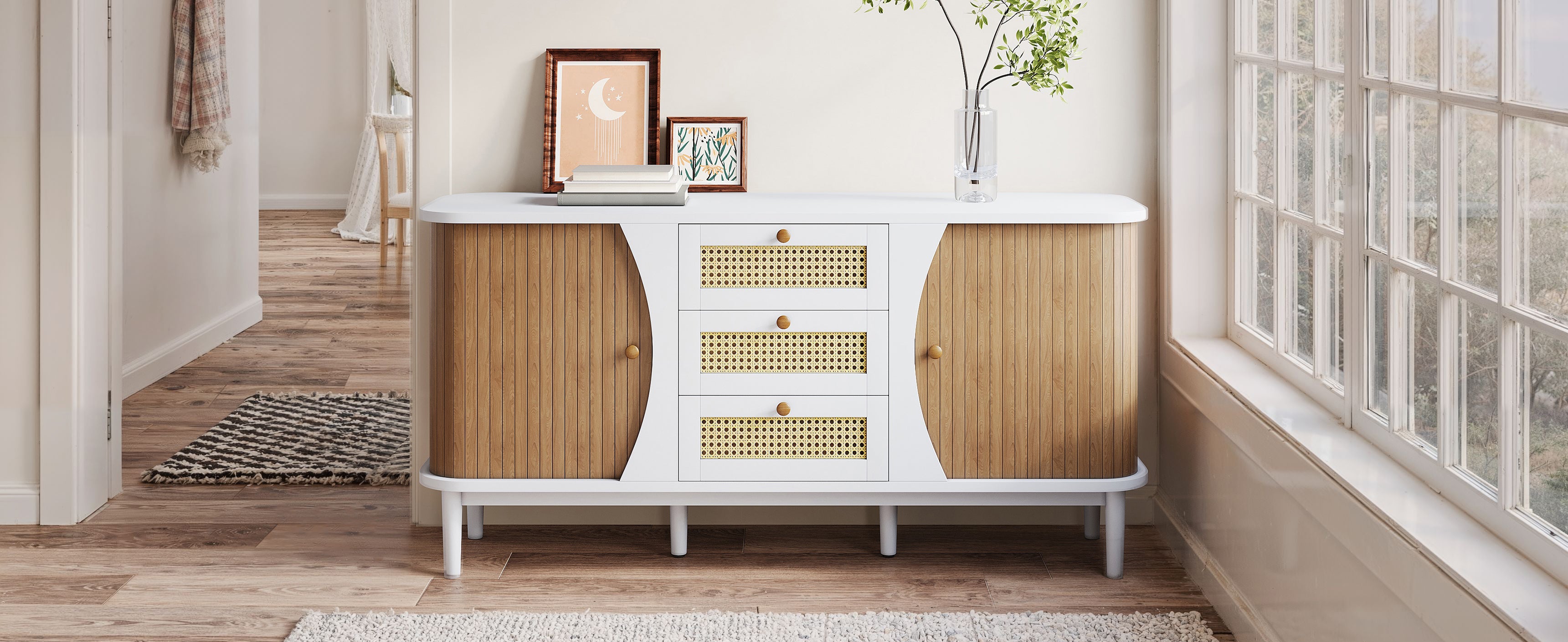 Sideboard Rattan Sliding Doors Adjustable Shelves - Curved Top