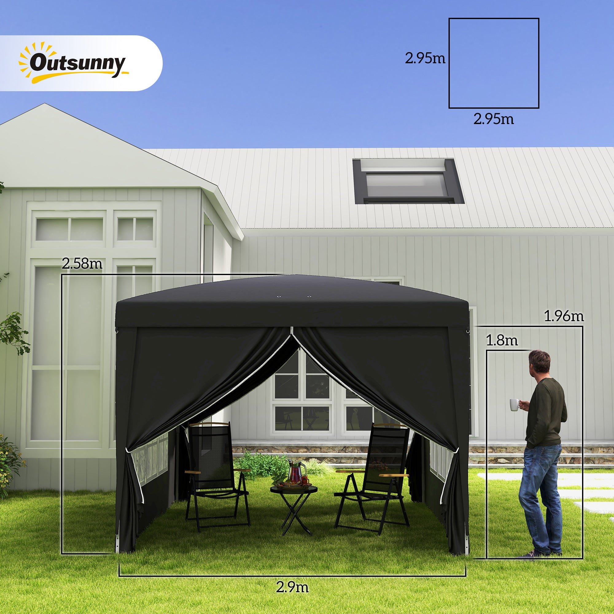 Gazebo 3x3m, Water-Repellent Pop-Up Folding, Black