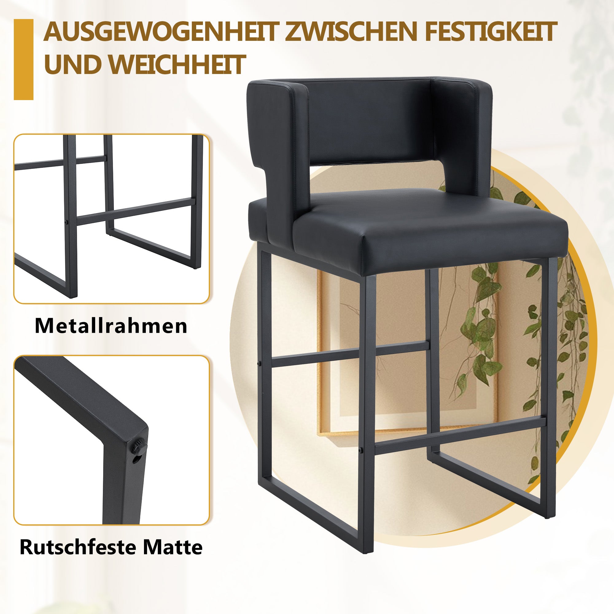 2-Pack Bar Stools, Nordic Square Design with Metal Legs, Black