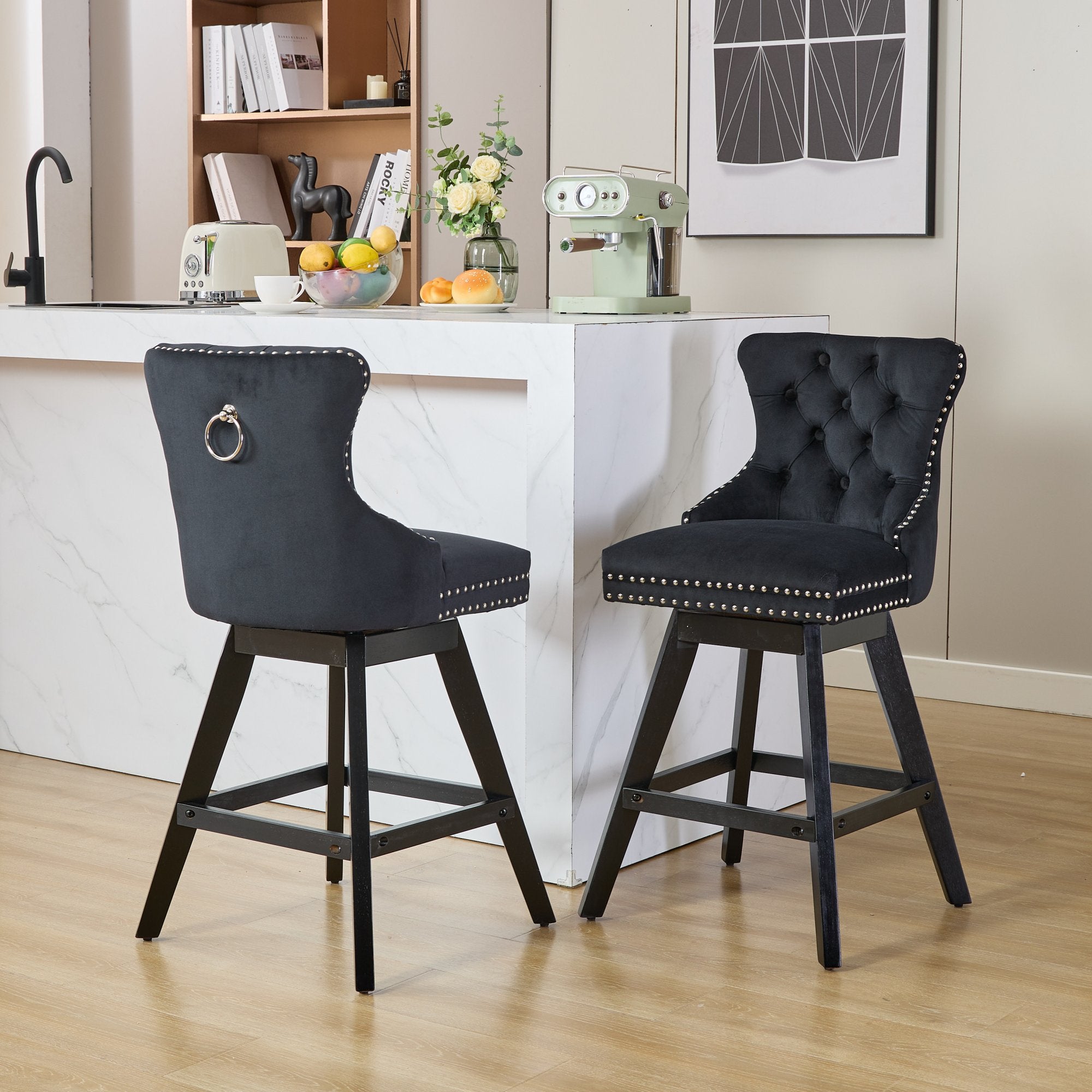 Swivel Barstools, Button Tufted, Wooden Legs, Set of 2, Black Velvet