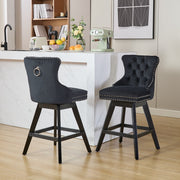 Swivel Velvet Barstools Button Tufted Wooden Legs Set of 2 - Black