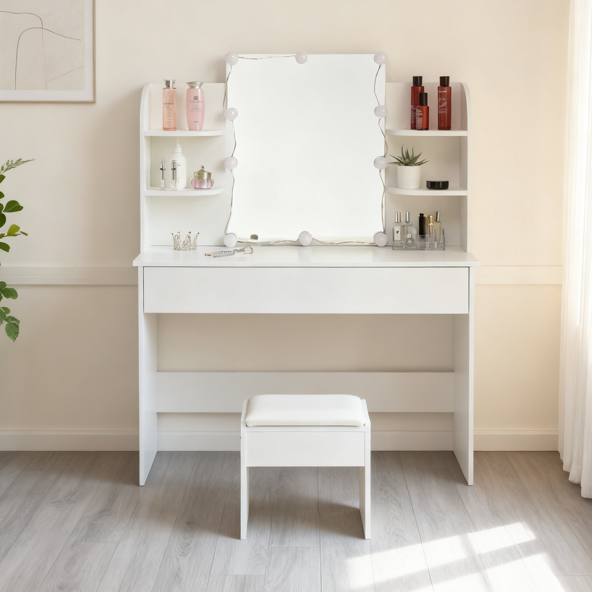 Dressing Table with Stool, LED Lighted Mirror, White