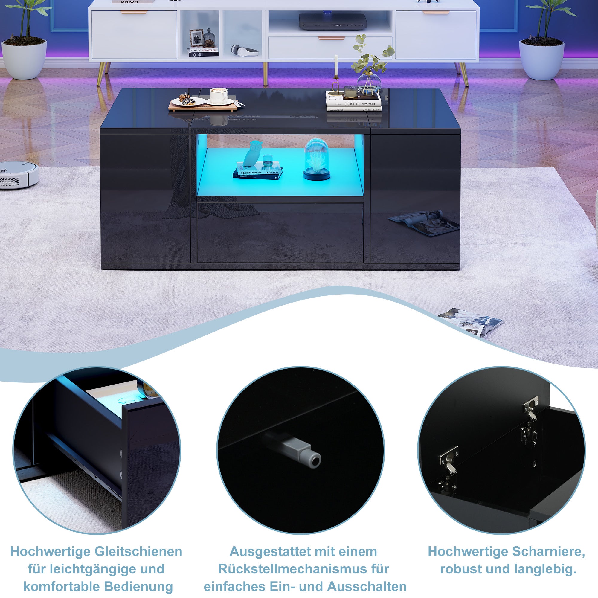 Coffee Table 100x50x40cm High-Gloss LED 1 Drawer 2 Cabinets - Black