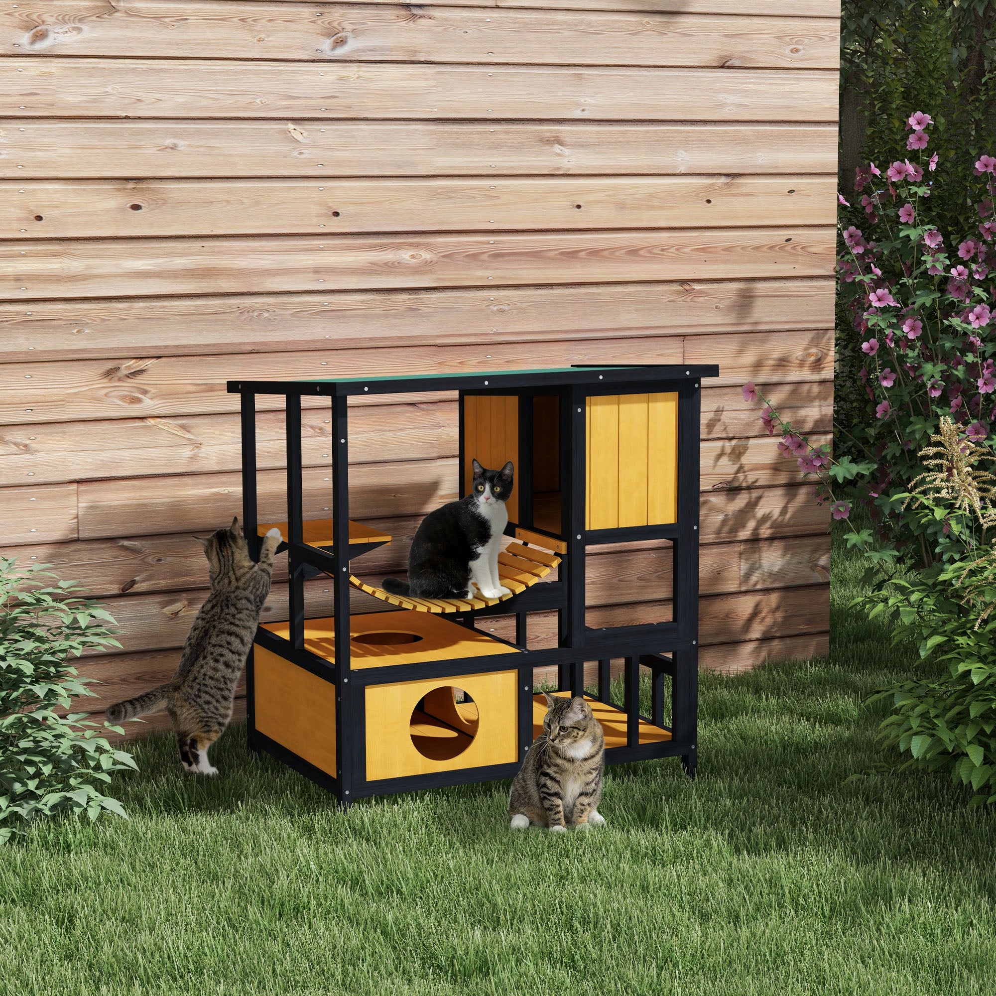 Cat House with Hanging Bridge & Balcony, Waterproof, Yellow Wood