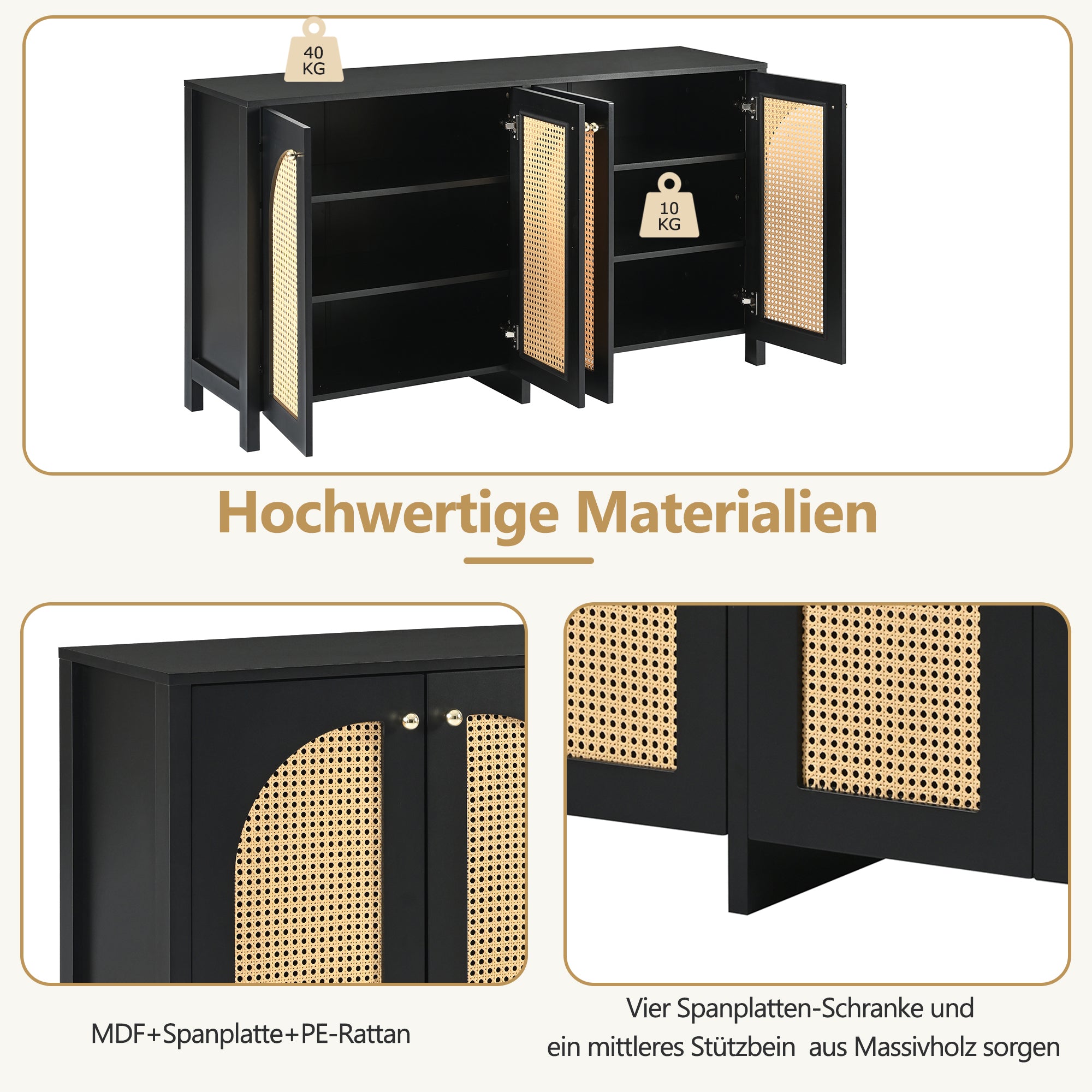 Sideboard, Minimalist with 4 Rattan Doors & Metal Handles, Black