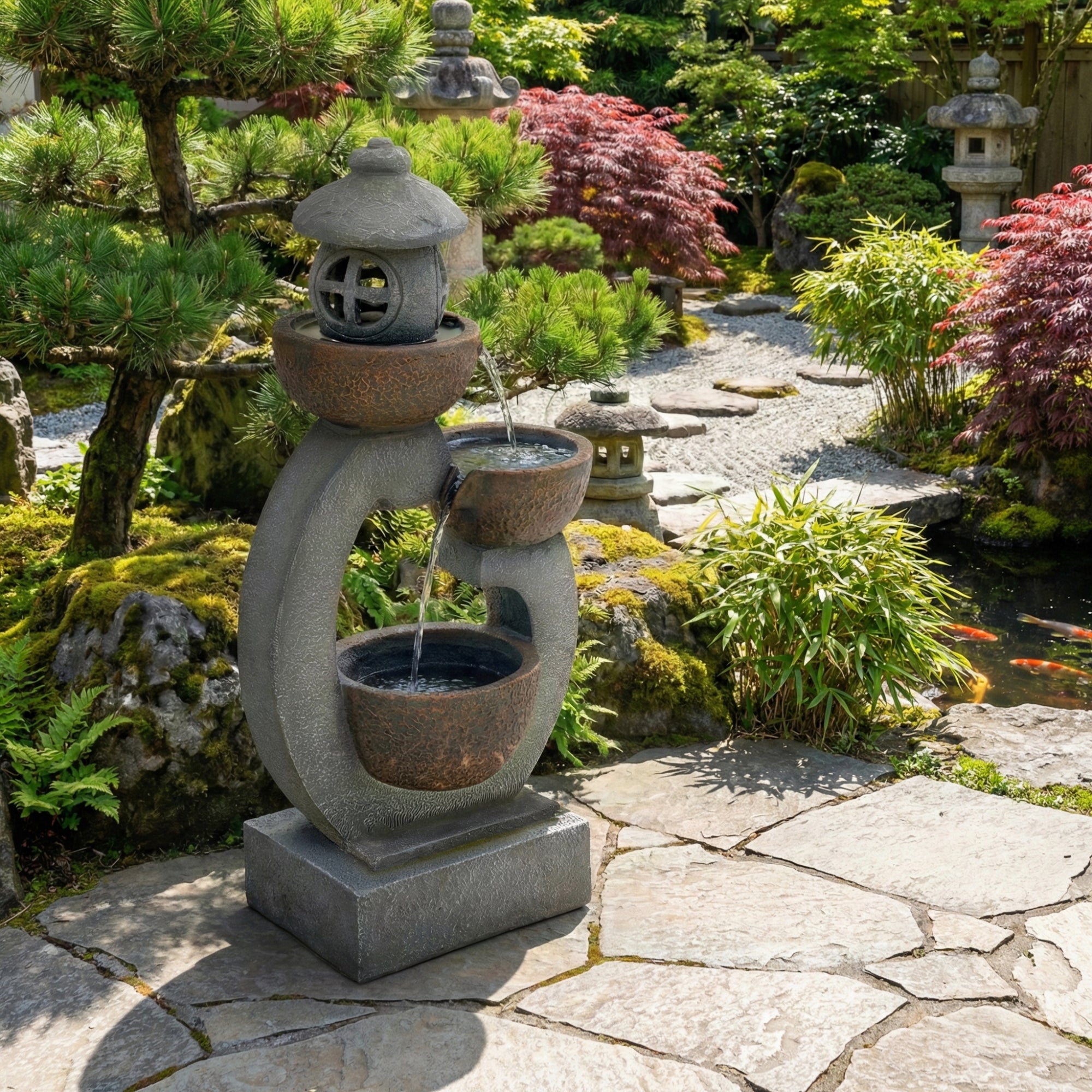 Japanese Garden Zen LED Outdoor Fountain, 95 cm with Tranquil Water Feature, Stone Grey