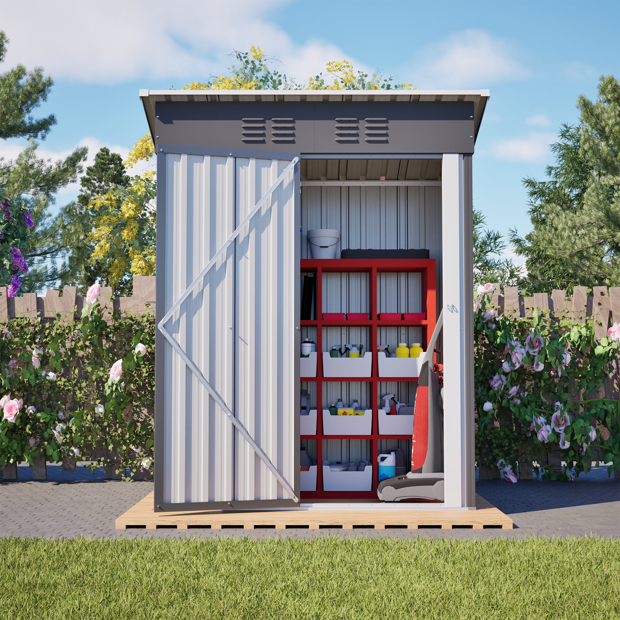 Garden Shed Flat Roof, 152x84x182 cm Tool Shed with Lockable Door, Dark Grey