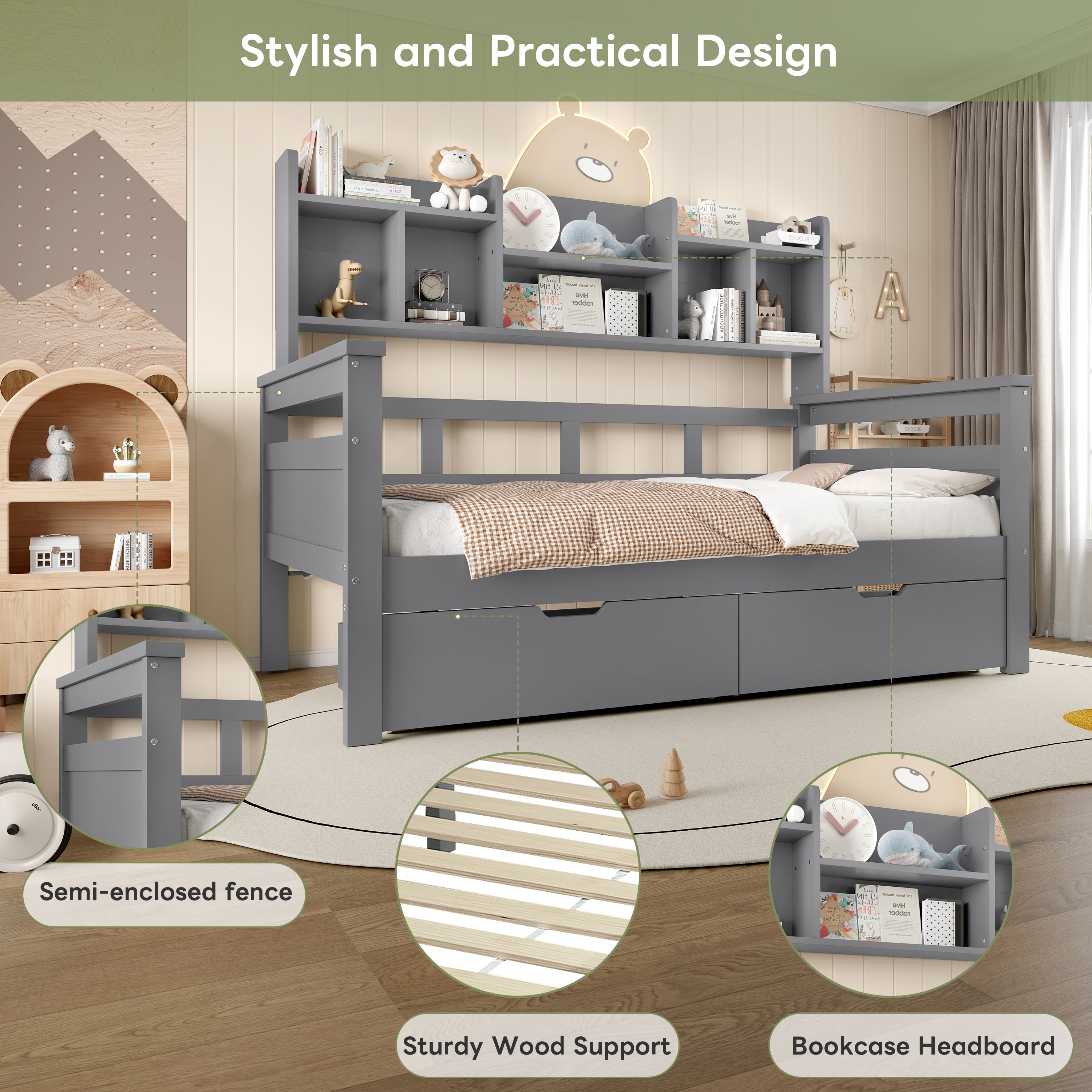 3ft Single Bed with Two Storage Drawers, Bookcase Headboard, and Guardrail, Wooden, Grey