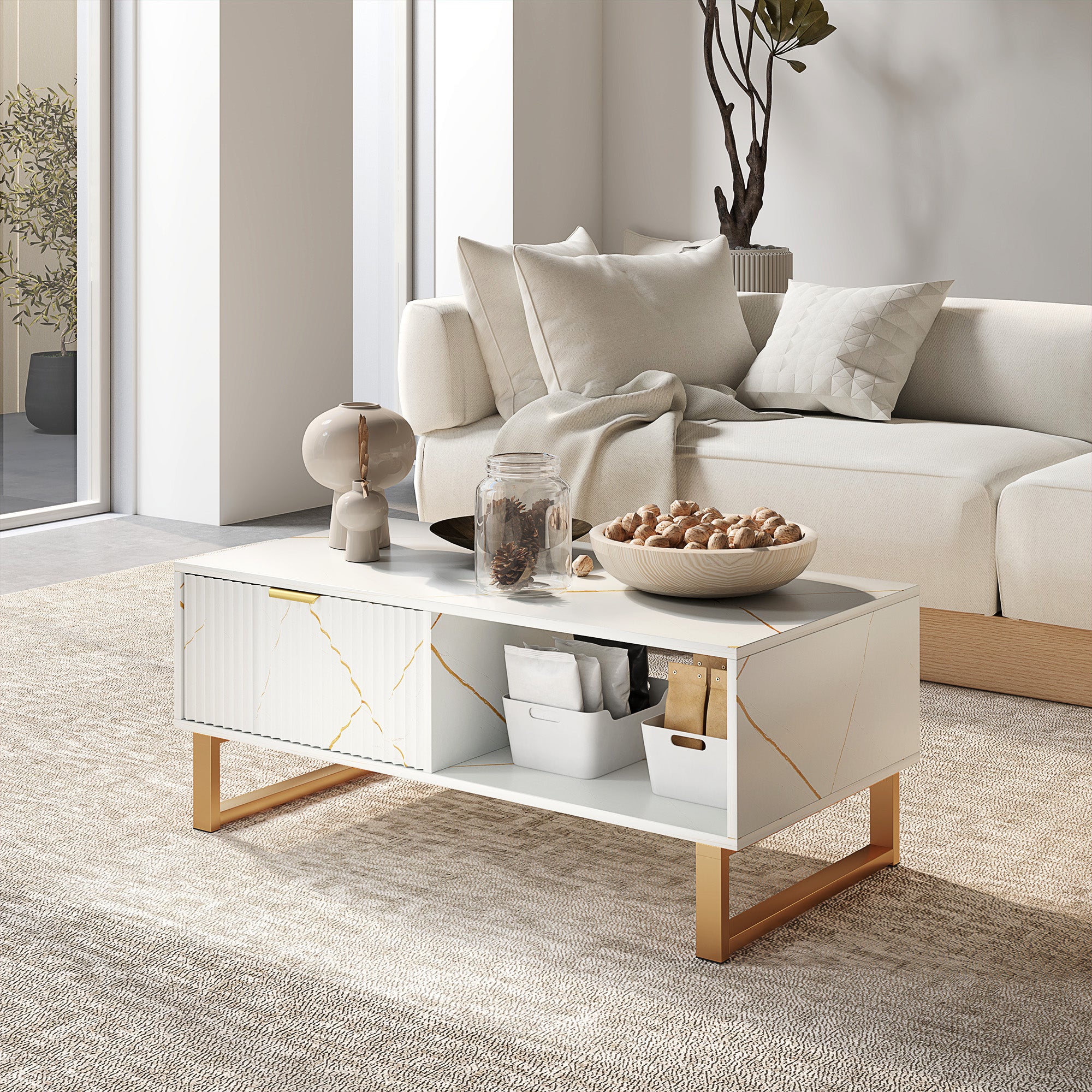 Elegant Coffee Table with Storage, Marble Effect - White