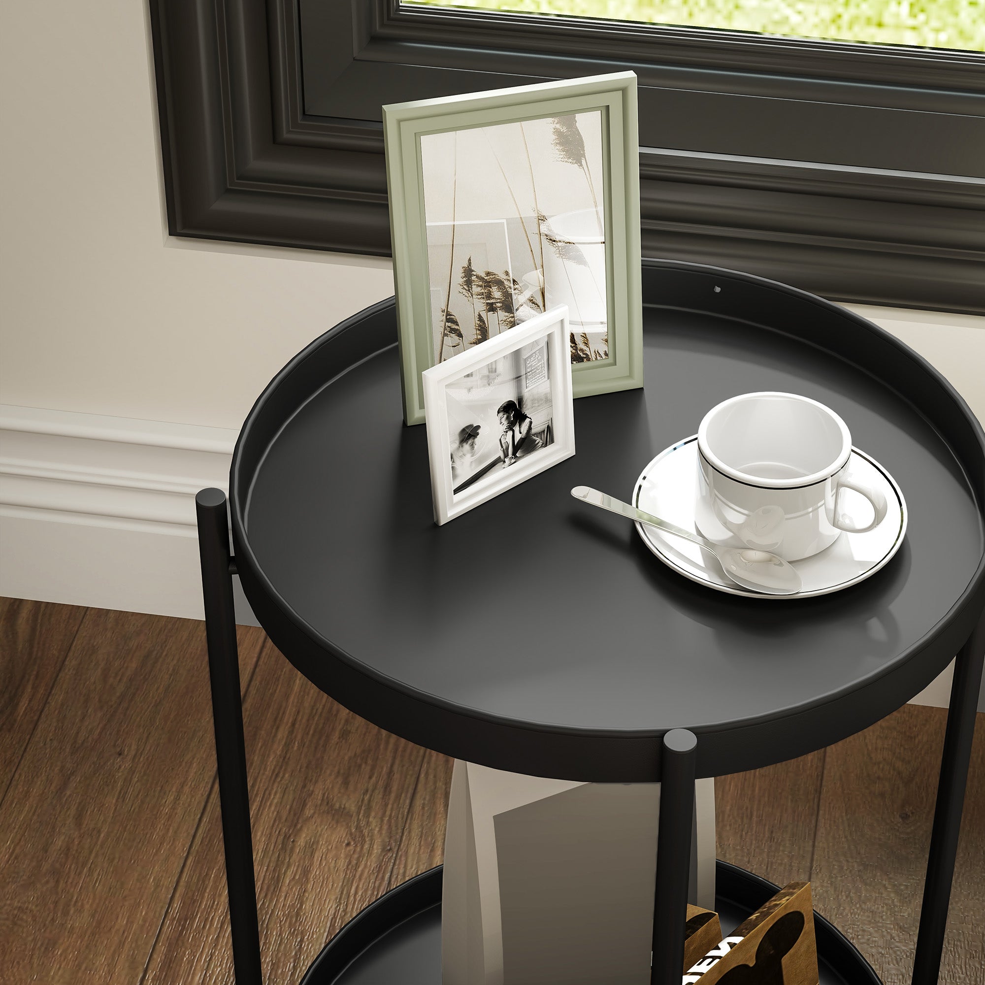 Side Table, 2 Shelves Round Coffee Table, Steel Black