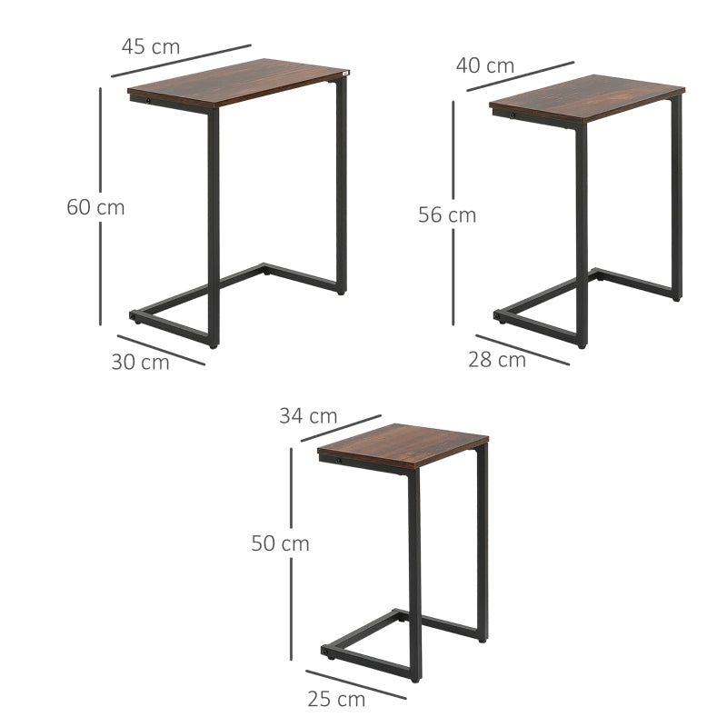 Nesting Side Tables Set of 3, C-Shaped Snack Tables Steel Frame, Rustic Brown
