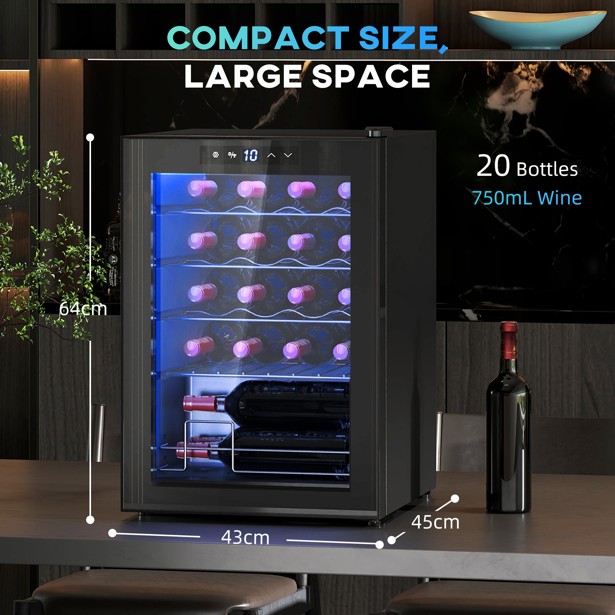 Wine Cooler 20 Bottle 53L 5-18°C Compressor Anti-UV LED Touch Screen, Black