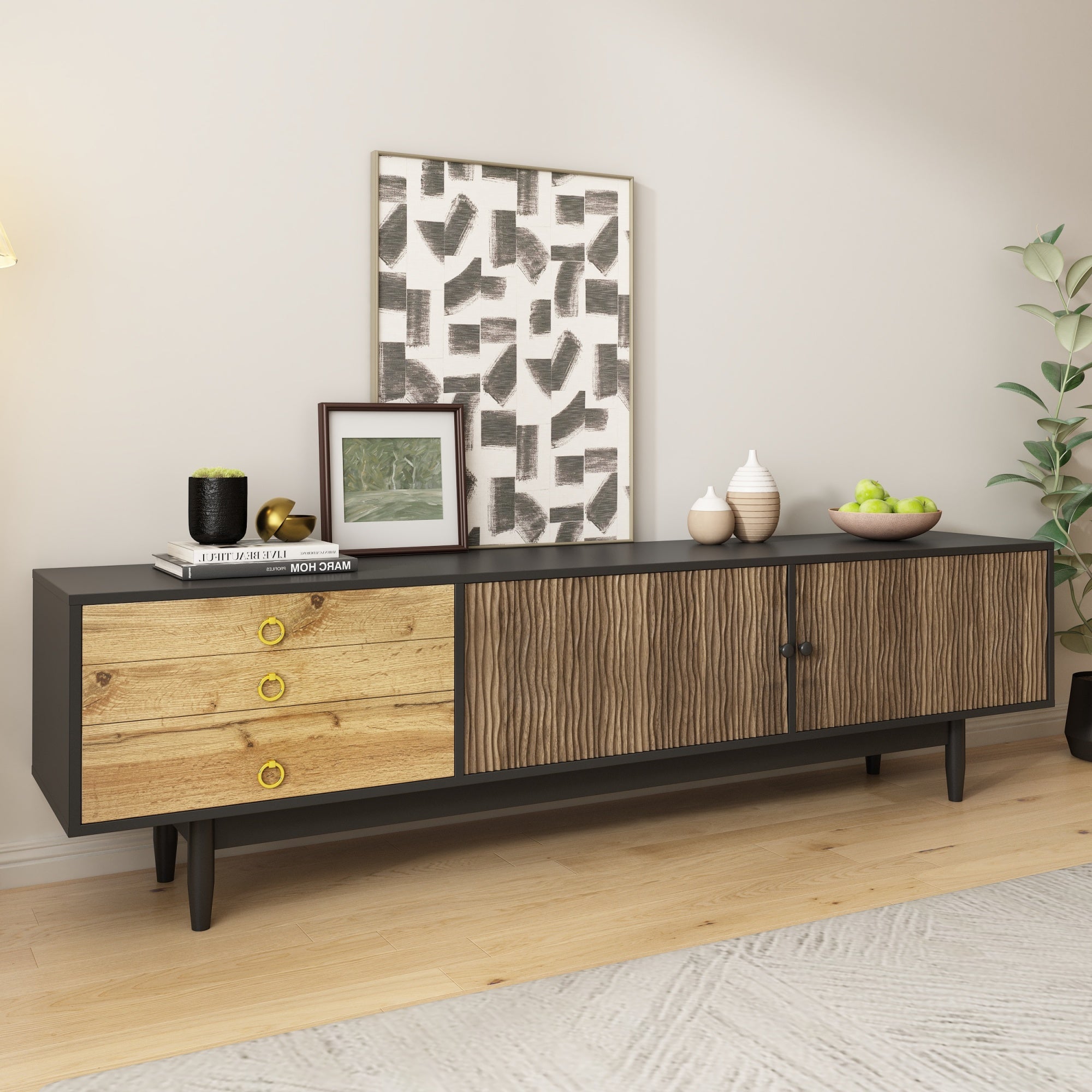 TV cabinet, water wave pattern, three drawers, wood and black