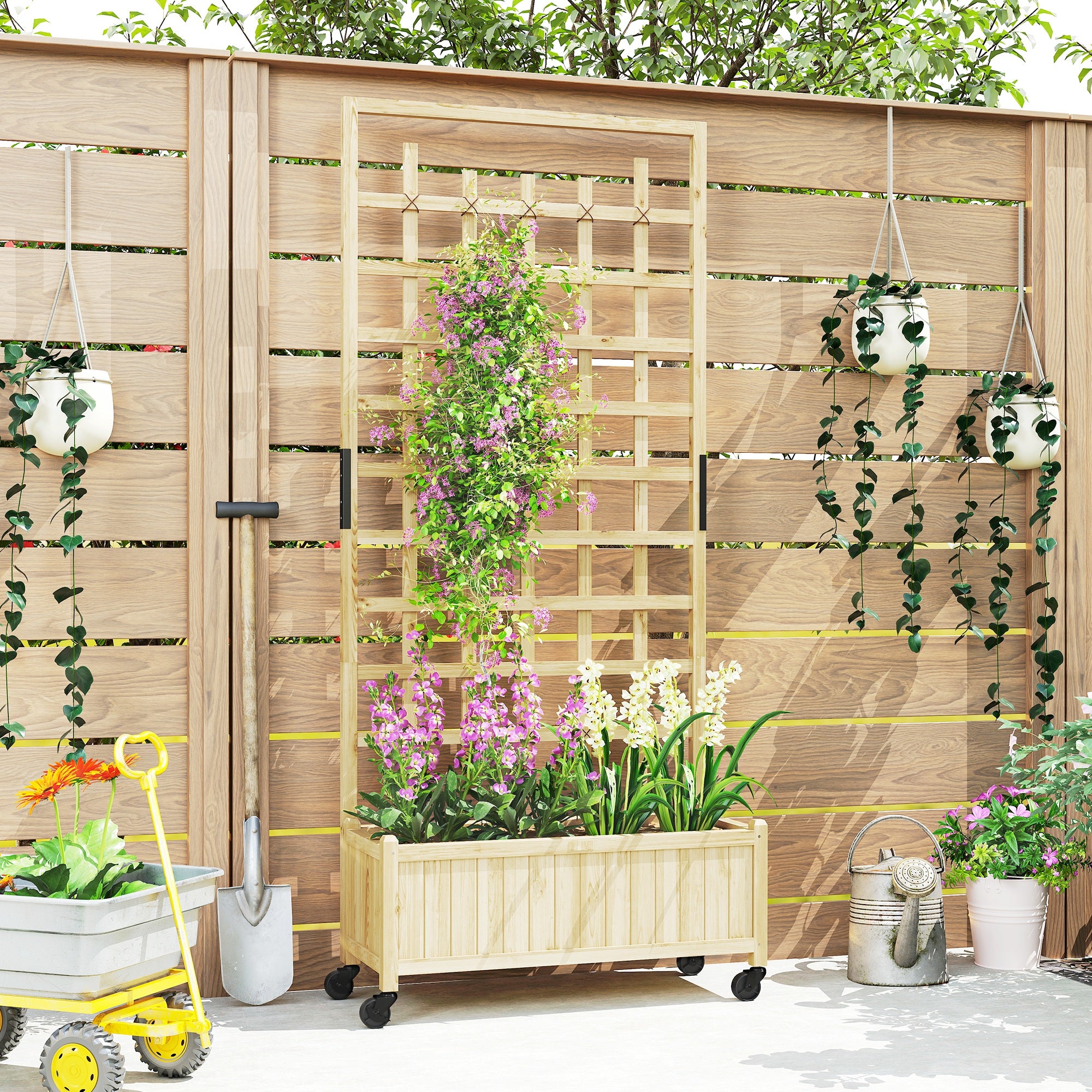 Wooden Trellis Planter, Raised Garden Bed with Wheels, Natural