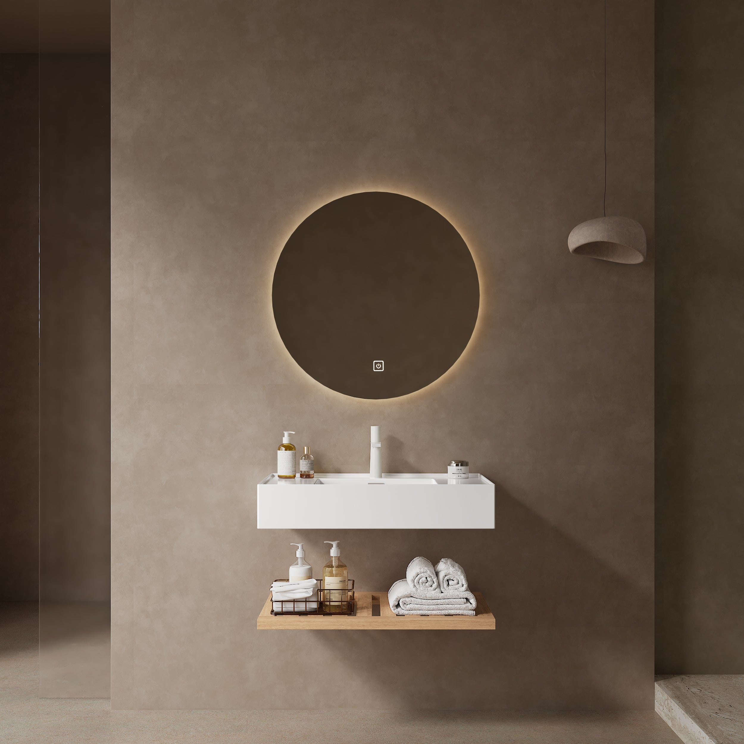 Bathroom Vanity Unit with Wall-Hung Acrylic Basin and Striped Shelf, 75cm, Natural Wood Grain