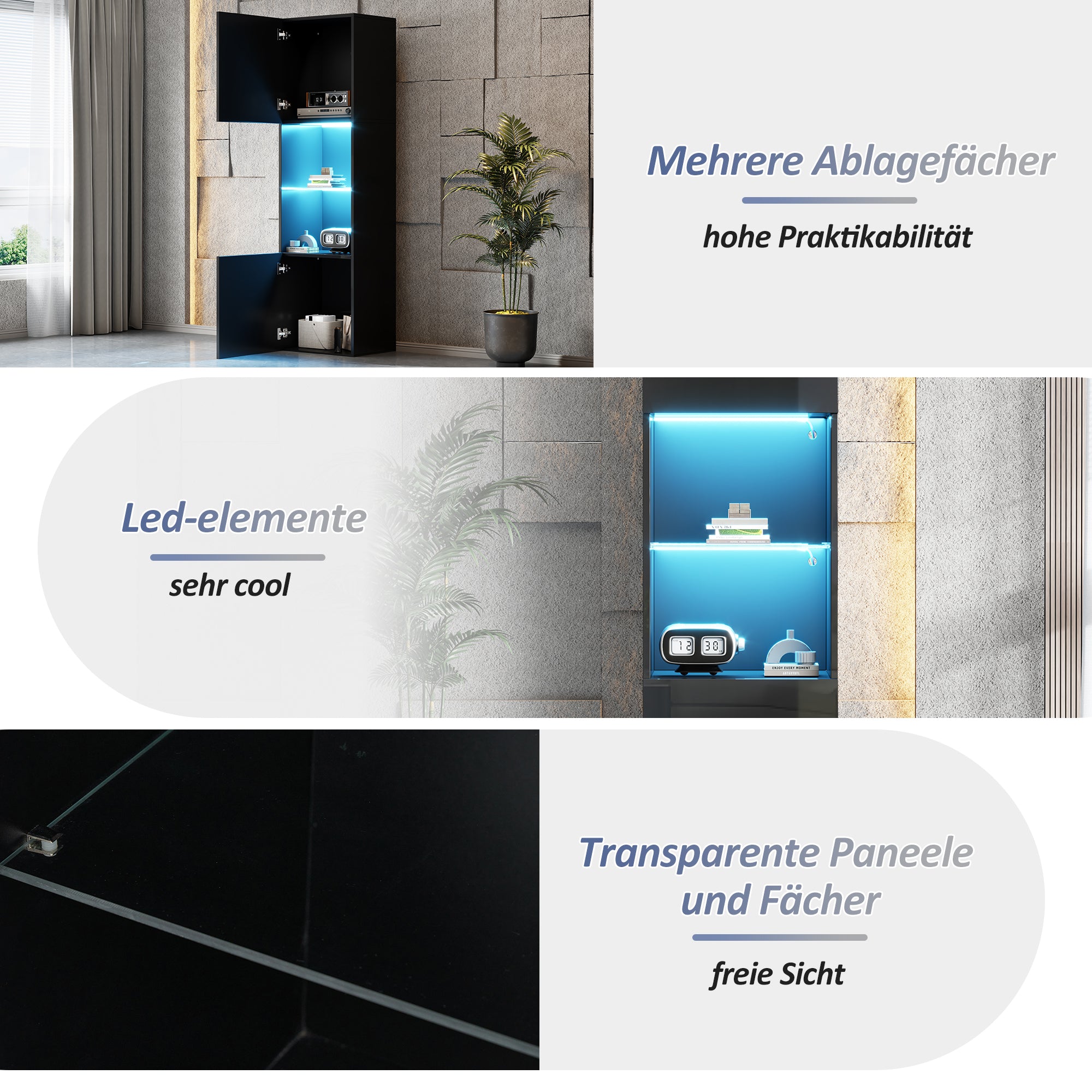 Display Cabinet, Freestanding with LED Lighting, 1 Glass Shelf, Black