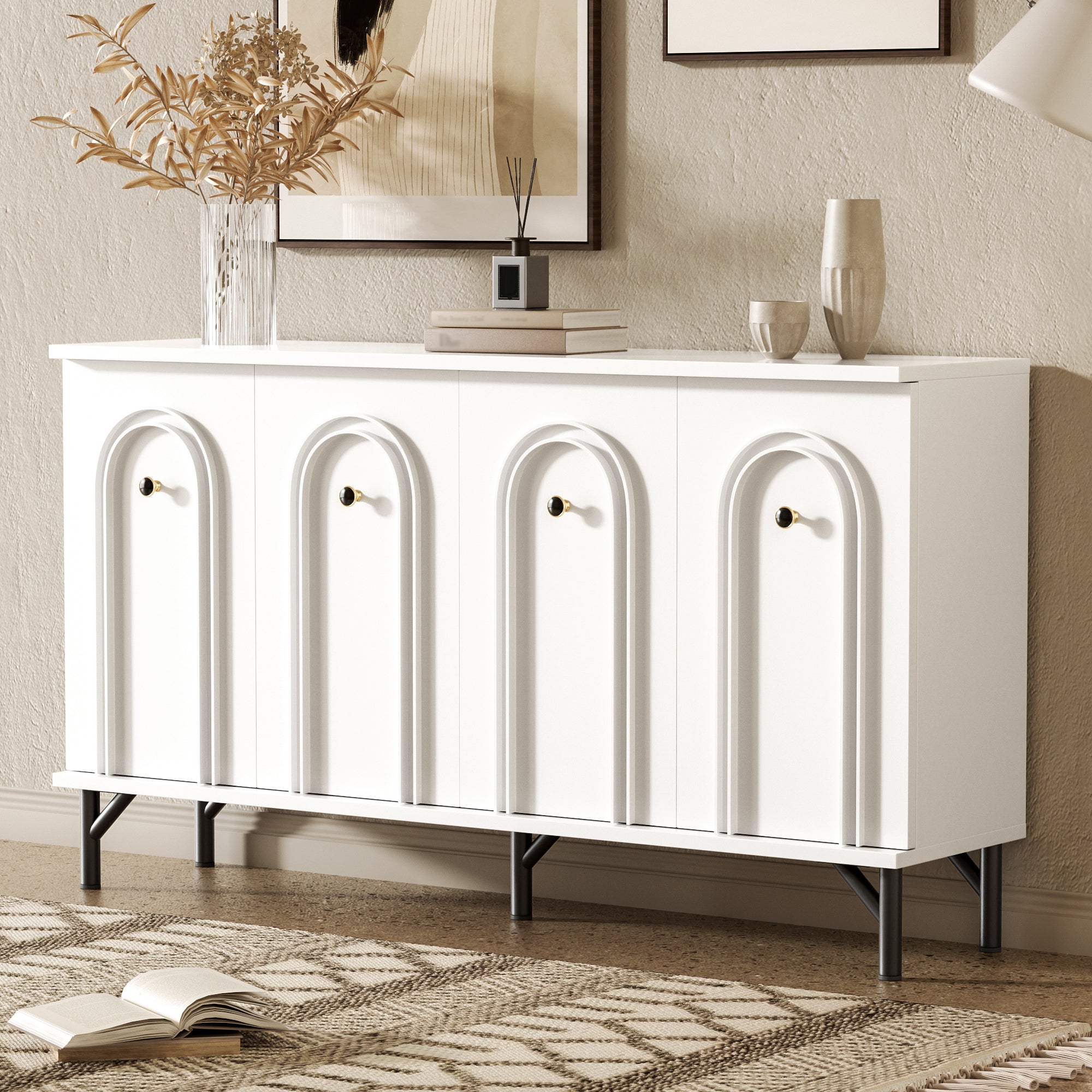Sideboard, 4-Door with Curved Front, Adjustable Shelves, White