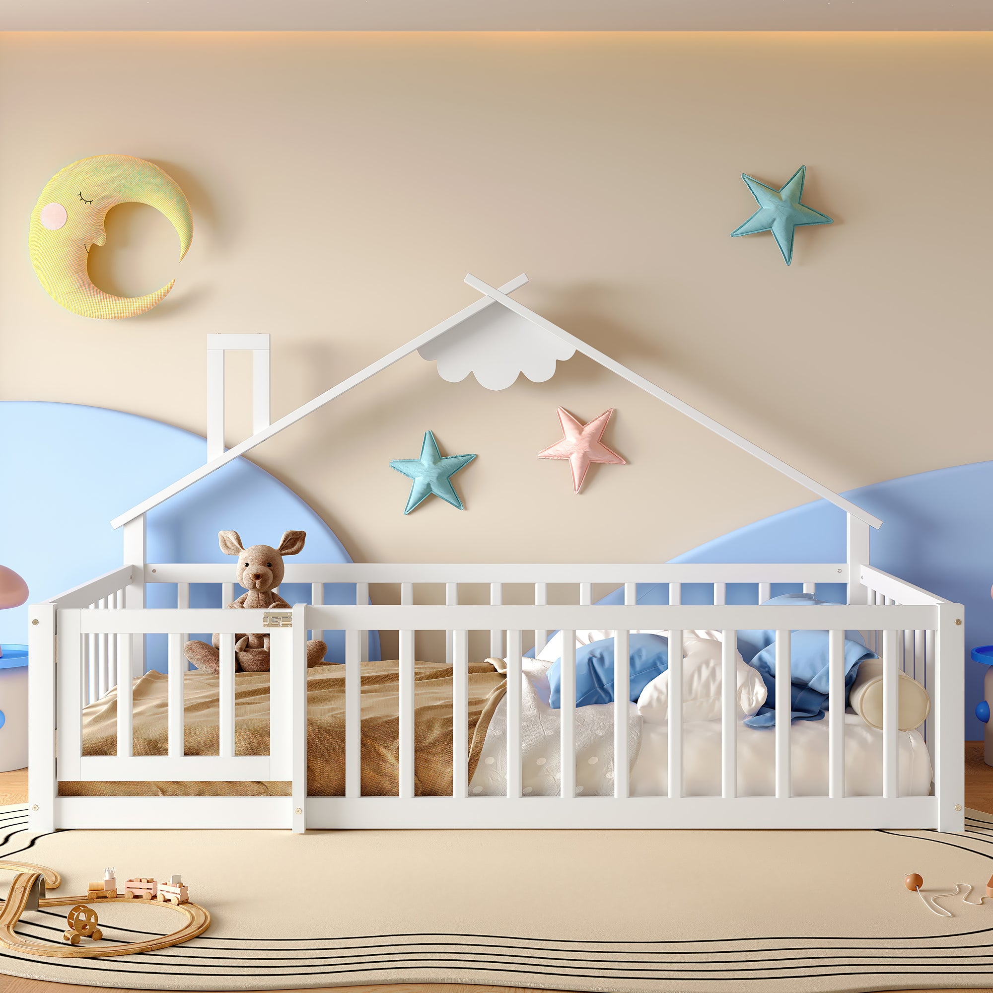 Flatbed 90x190cm House Rail Lock - Pine Wood White