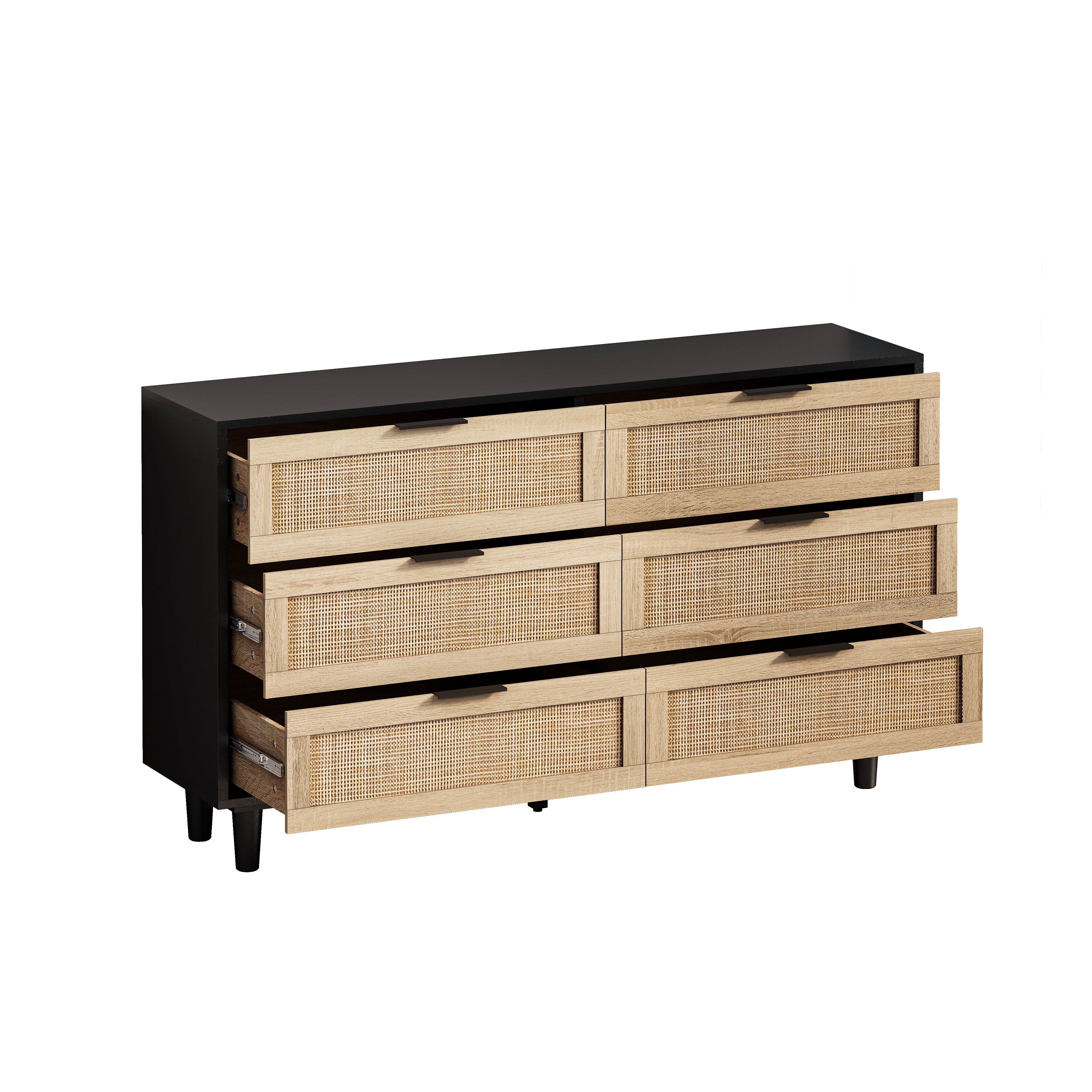 Rattan Storage Cabinet, 130CM 6-Drawer, Black