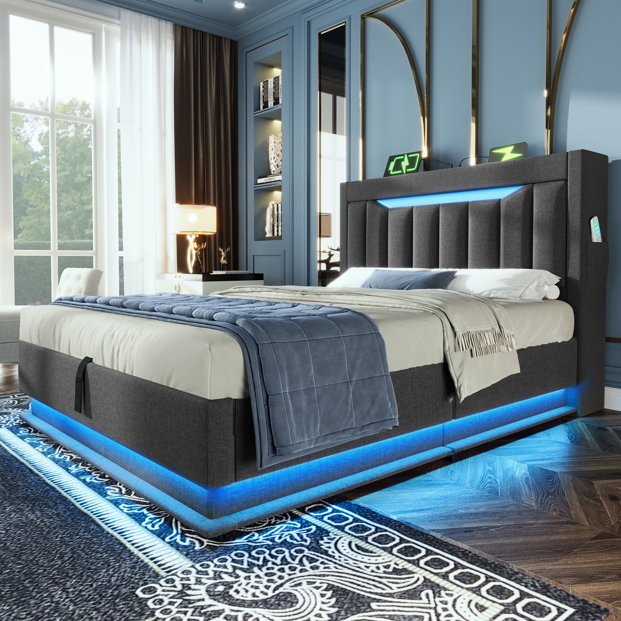 Upholstered Single Bed 90x200cm, Storage Headboard USB/Type-C, Hydraulic Lift, Grey Linen