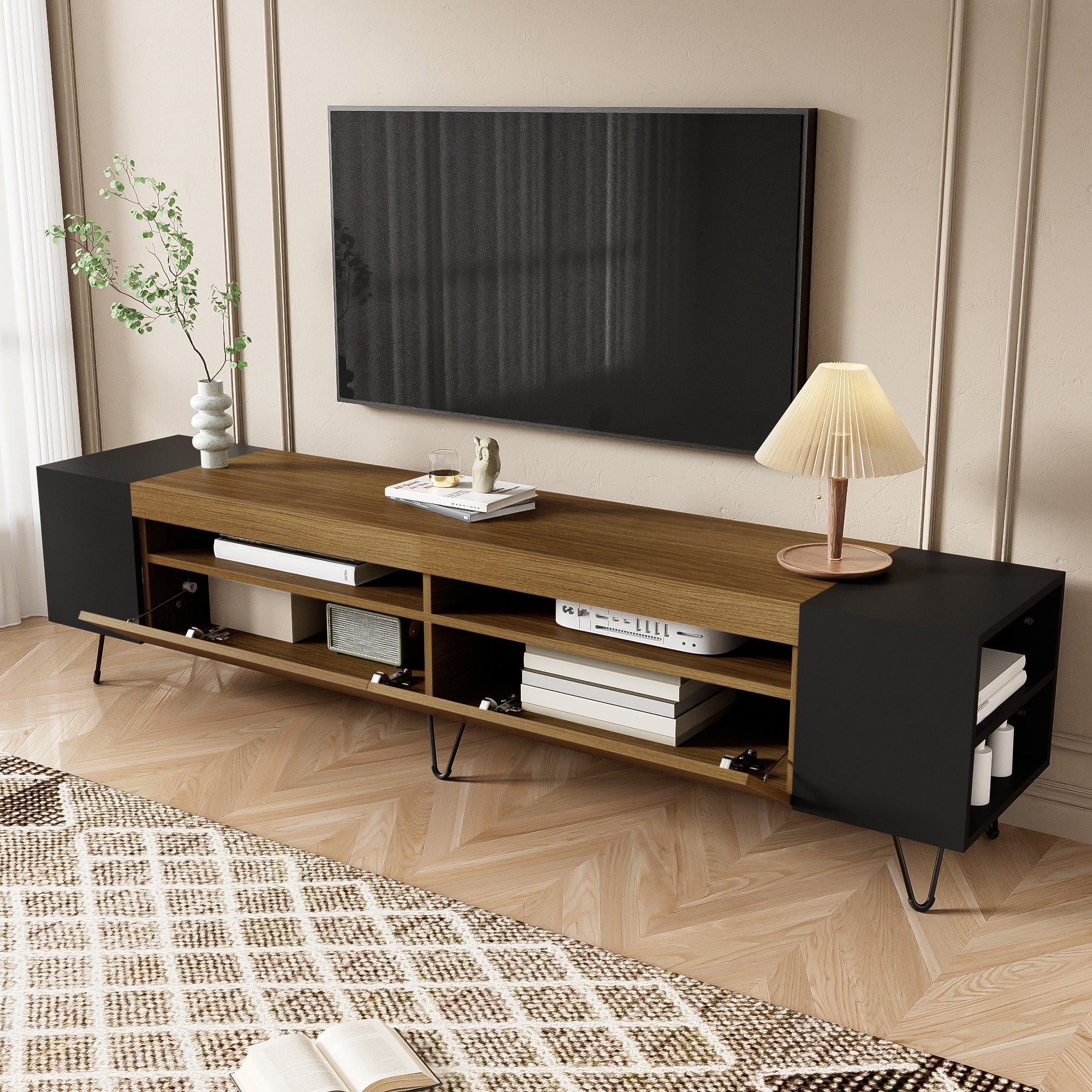 Modern TV Cabinet 180cm, Black and Wood Look